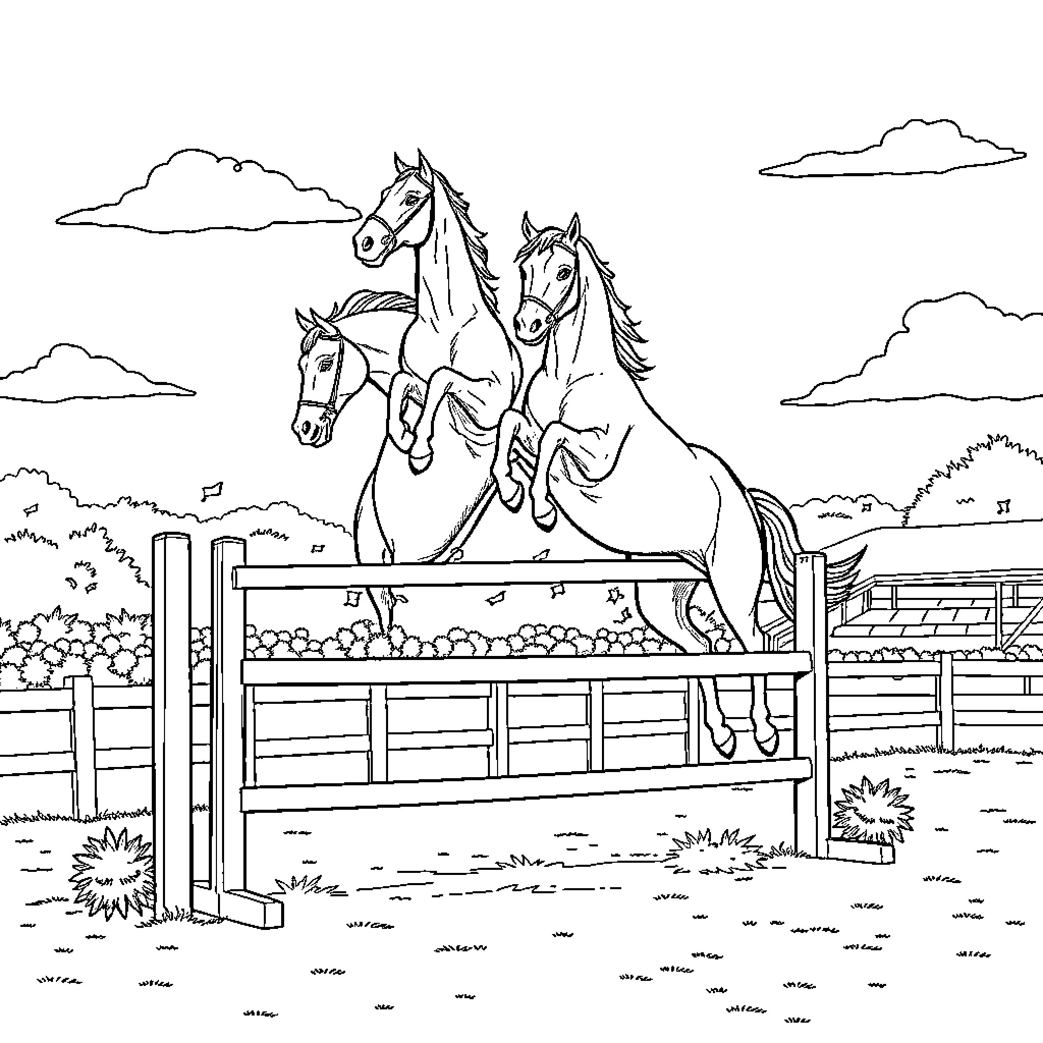 Horse jumping over fence in a rural landscape Coloring Page (free black-and-white line drawing printable PDF for all, from beginners to advanced learners, including children, teens, adults, and seniors)