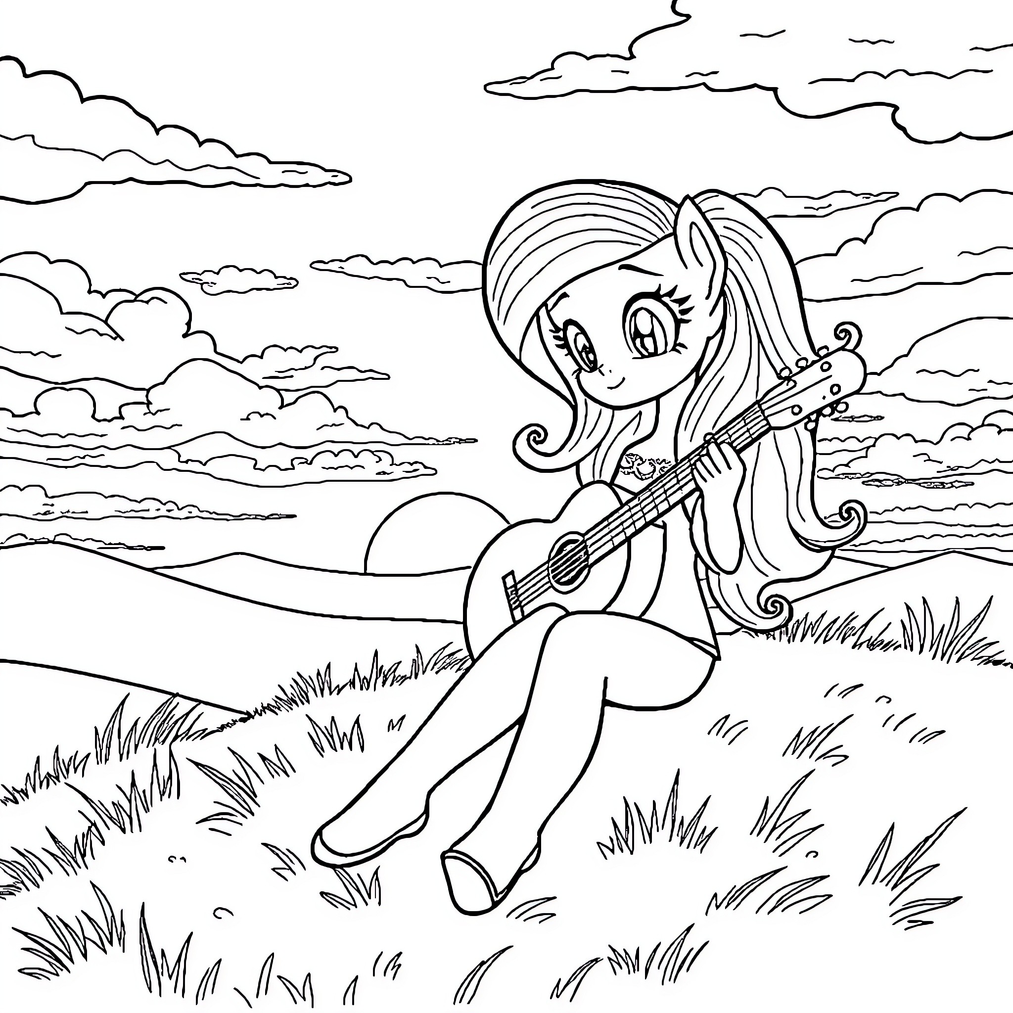 Sunset Shimmer playing guitar in a serene landscape Coloring Page (free black-and-white line drawing printable PDF for all, from beginners to advanced learners, including children, teens, adults, and seniors)