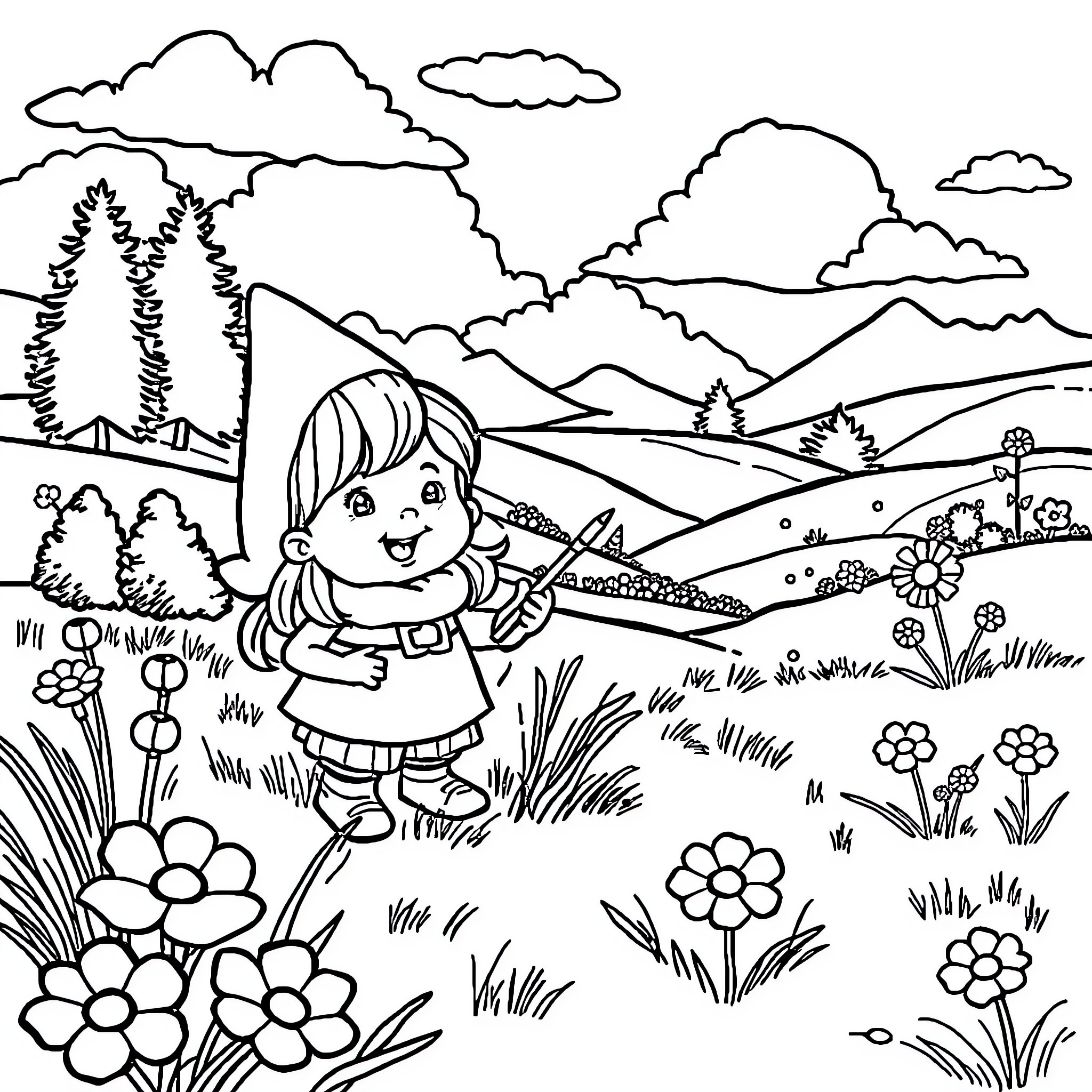 Barb exploring the flower-filled meadow Coloring Page (free black-and-white line drawing printable PDF for all, from beginners to advanced learners, including children, teens, adults, and seniors)