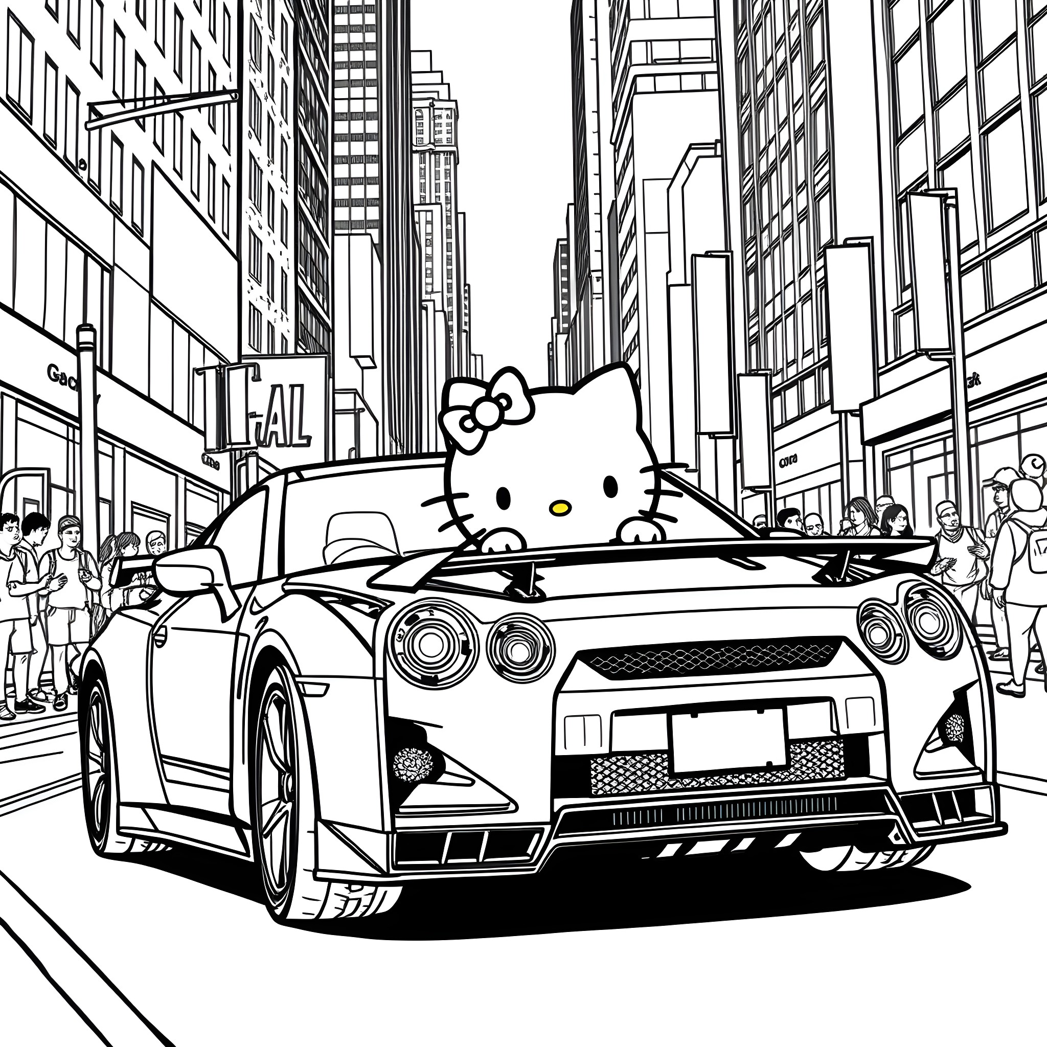 Hello Kitty exploring the city in a sports car Coloring Page (free black-and-white line drawing printable PDF for all, from beginners to advanced learners, including children, teens, adults, and seniors)