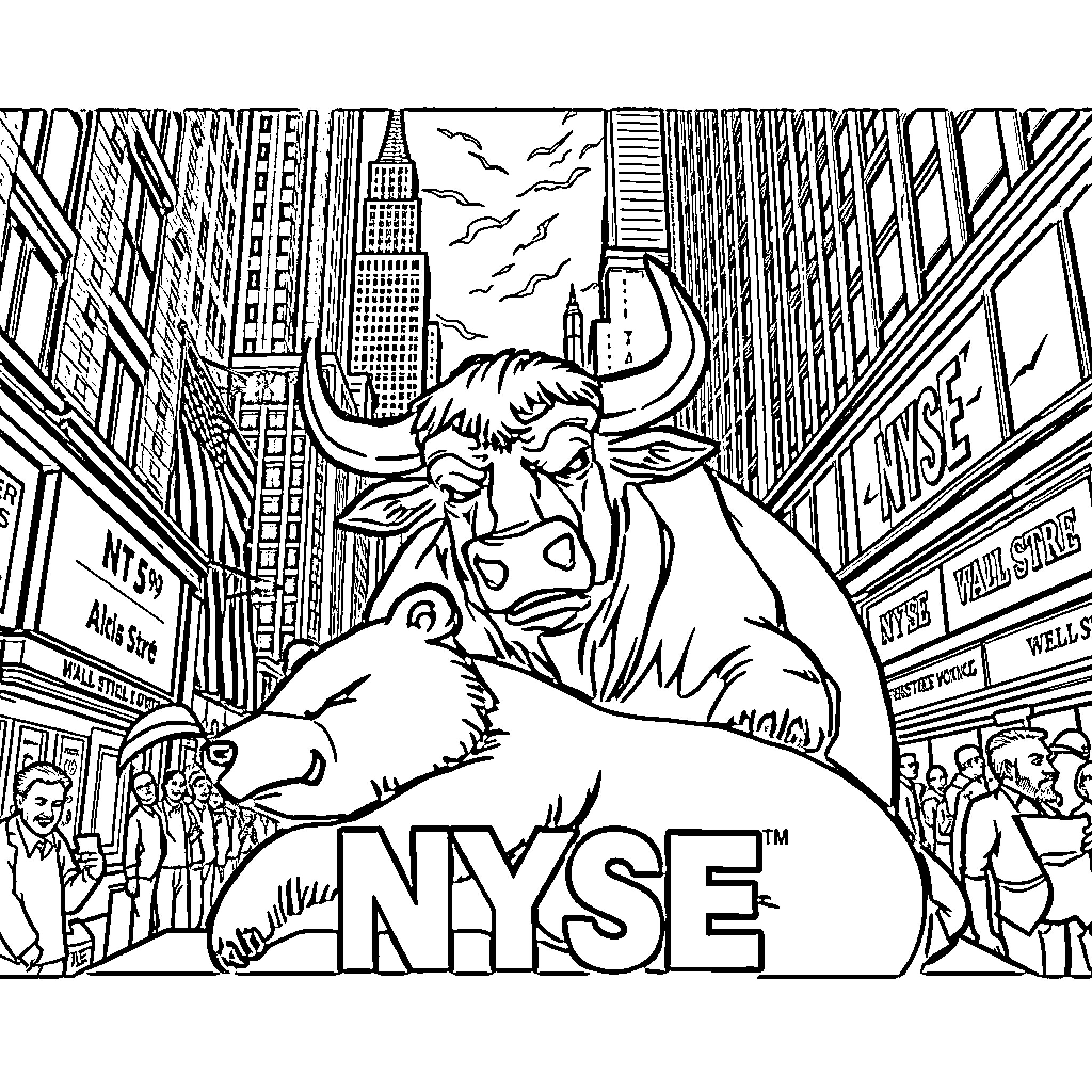 Bull stampedes through the bustling NYSE Coloring Page (free black-and-white line drawing printable PDF for all, from beginners to advanced learners, including children, teens, adults, and seniors)