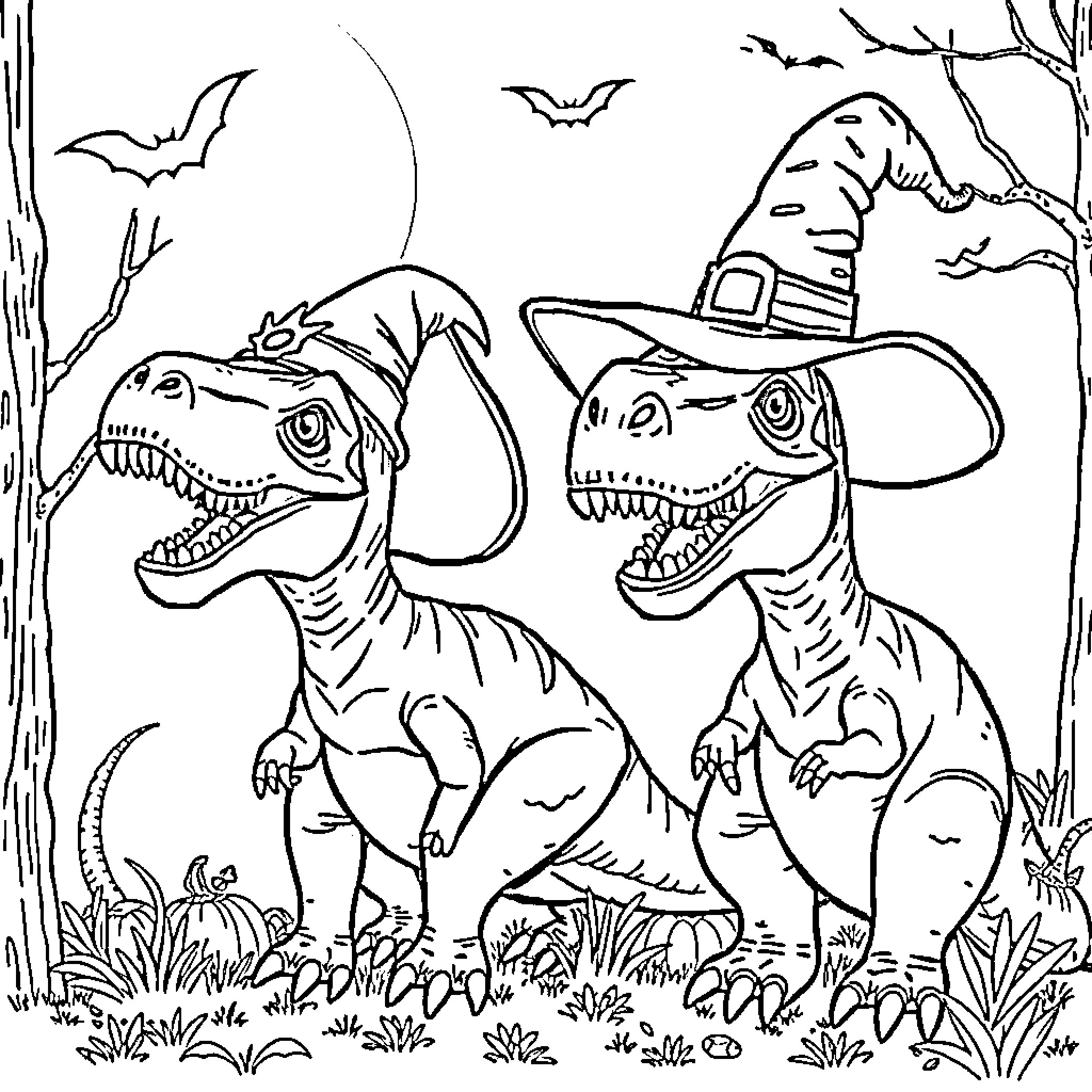 Dinosaurs in Halloween costumes in the forest Coloring Page (free black-and-white line drawing printable PDF for all, from beginners to advanced learners, including children, teens, adults, and seniors)