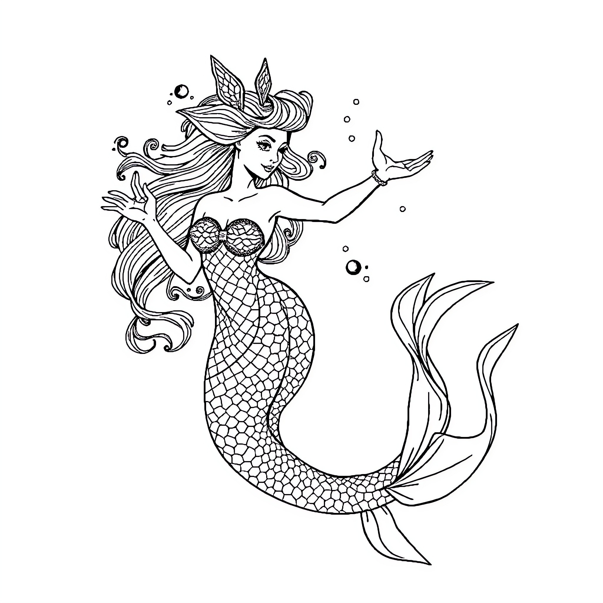 Mermaid dancing gracefully in the sea Coloring Page (free black-and-white line drawing printable PDF for all, from beginners to advanced learners, including children, teens, adults, and seniors)