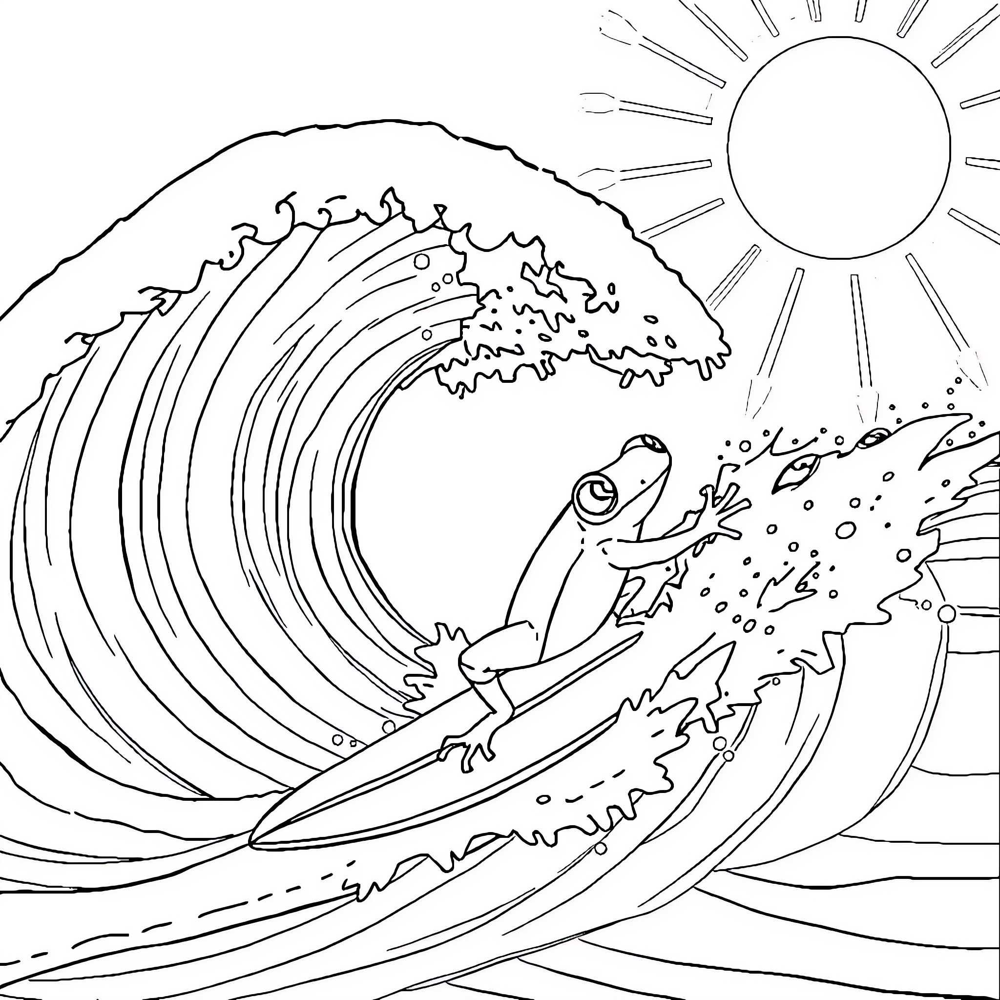 Frog surfing the giant wave in the sun Coloring Page (free black-and-white line drawing printable PDF for all, from beginners to advanced learners, including children, teens, adults, and seniors)