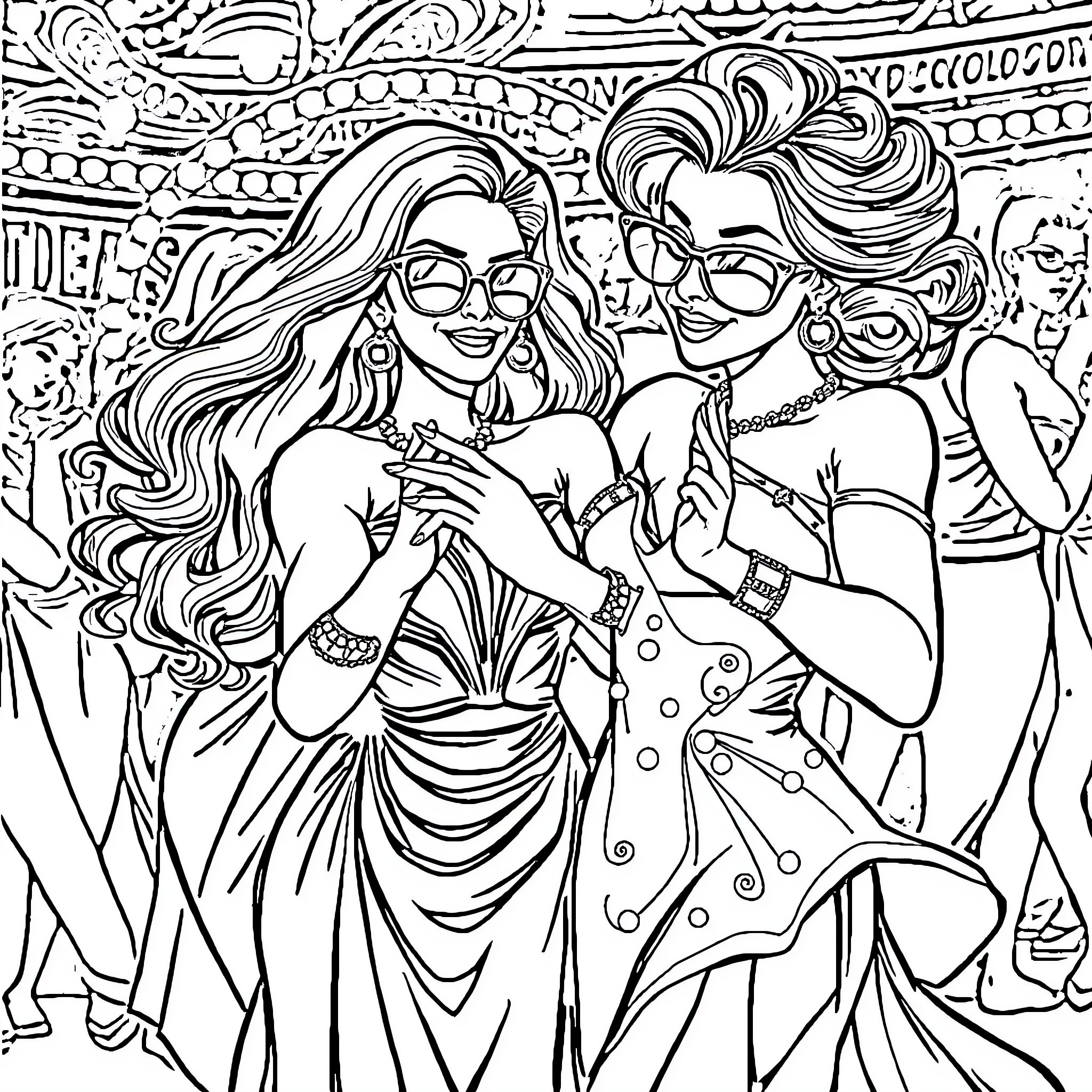 Teletubby ladies dancing at a party Coloring Page (free black-and-white line drawing printable PDF for all, from beginners to advanced learners, including children, teens, adults, and seniors)