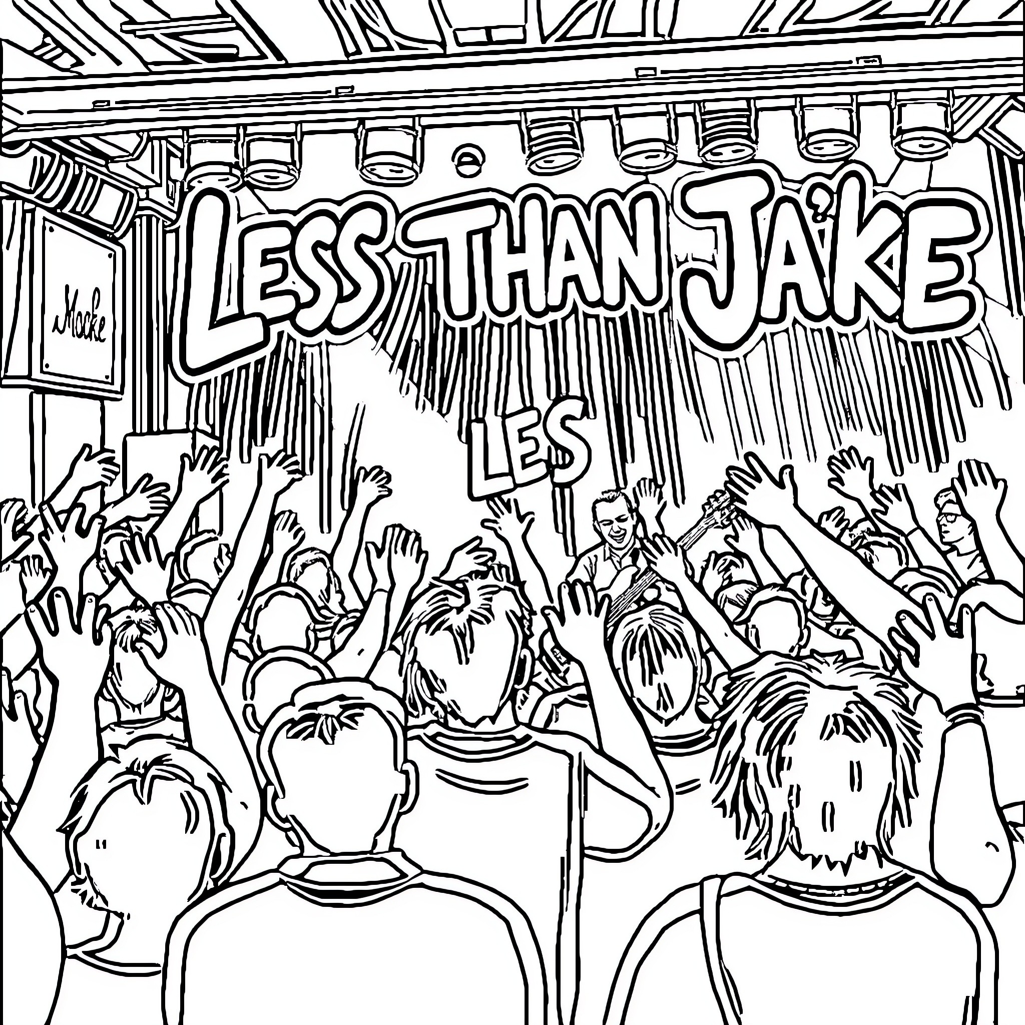 Less Than Jake performing energetic live show Coloring Page (free black-and-white line drawing printable PDF for all, from beginners to advanced learners, including children, teens, adults, and seniors)