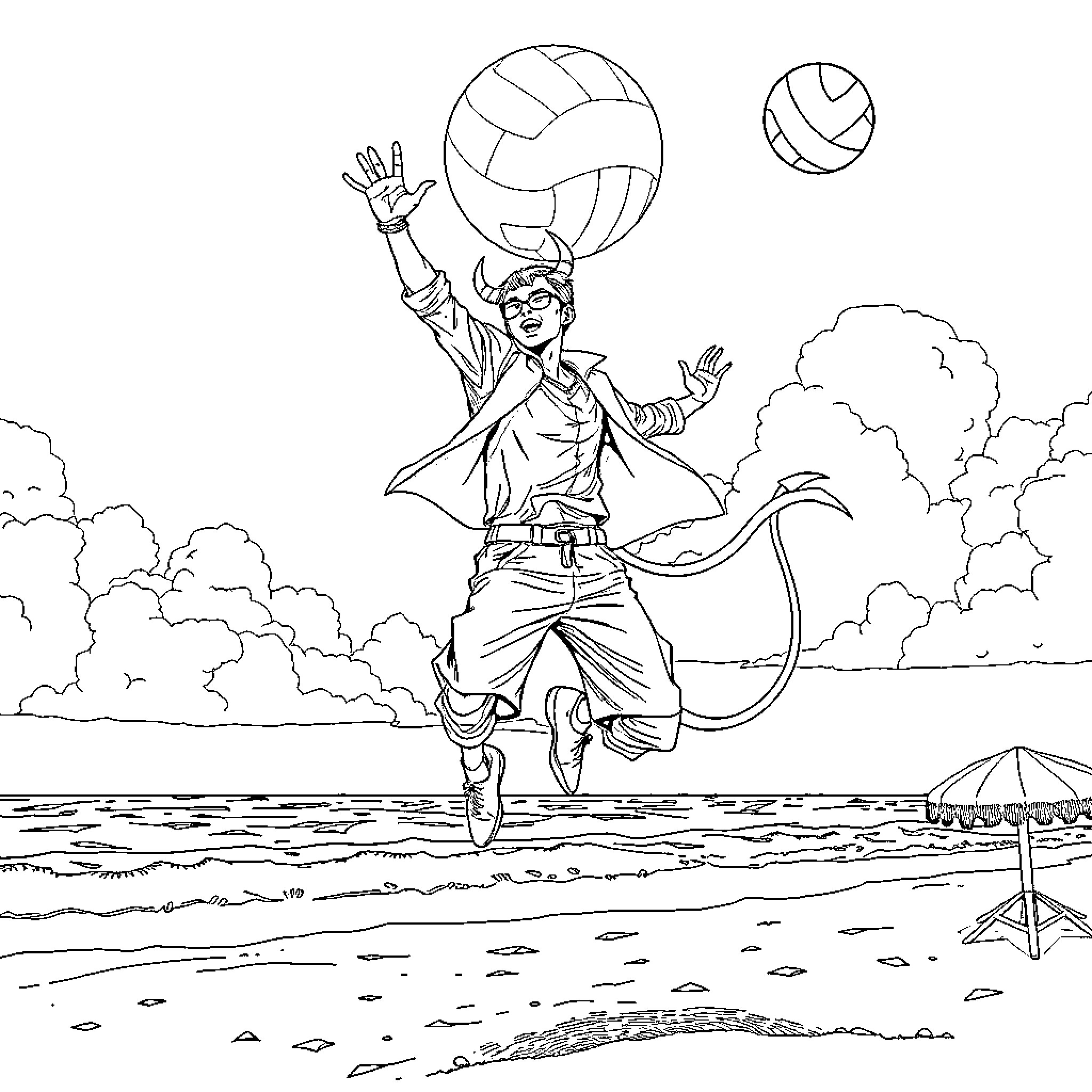 Demon Hunter leaping through the air with a volleyball Coloring Page (free black-and-white line drawing printable PDF for all, from beginners to advanced learners, including children, teens, adults, and seniors)