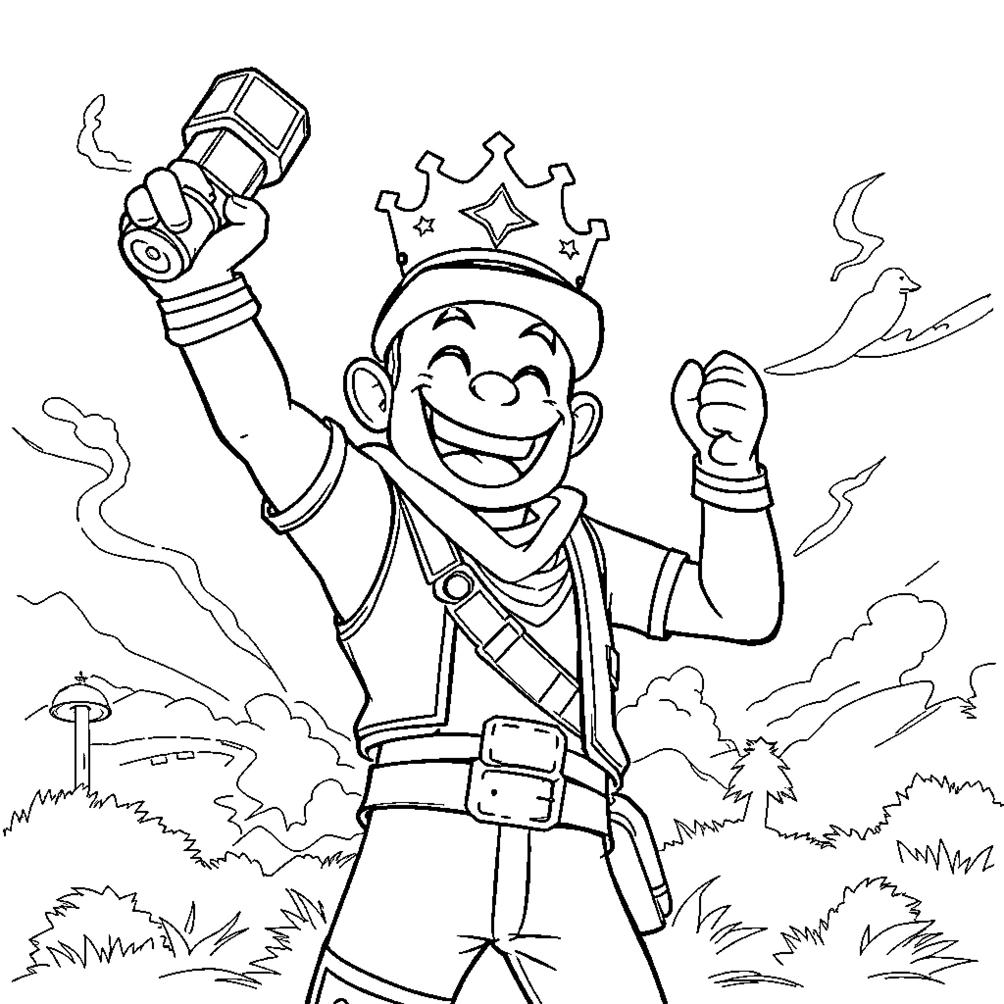 Madcap Adventurer Celebrates Triumphant Discovery Coloring Page (free black-and-white line drawing printable PDF for all, from beginners to advanced learners, including children, teens, adults, and seniors)