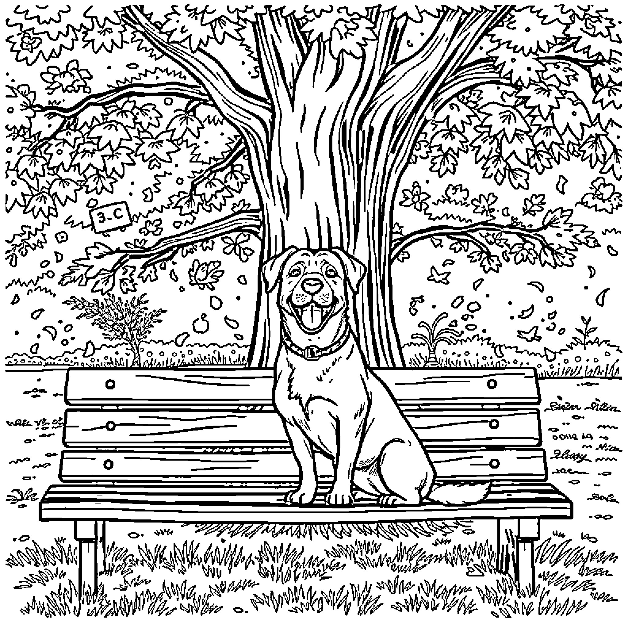 Dog sitting happily on a bench in the park Coloring Page (free black-and-white line drawing printable PDF for all, from beginners to advanced learners, including children, teens, adults, and seniors)