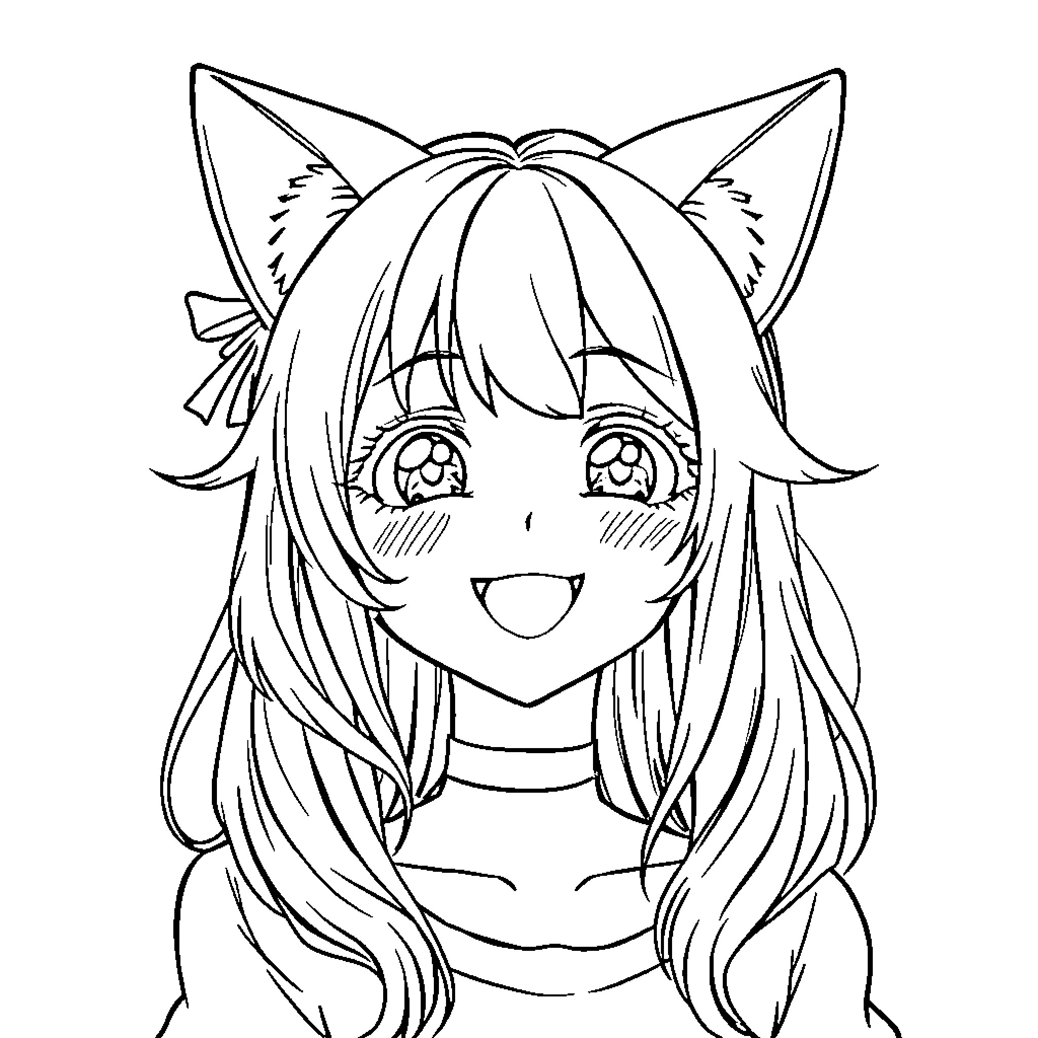 Anime Girl with Cute Cat Ears Smiling Coloring Page (free black-and-white line drawing printable PDF for all, from beginners to advanced learners, including children, teens, adults, and seniors)