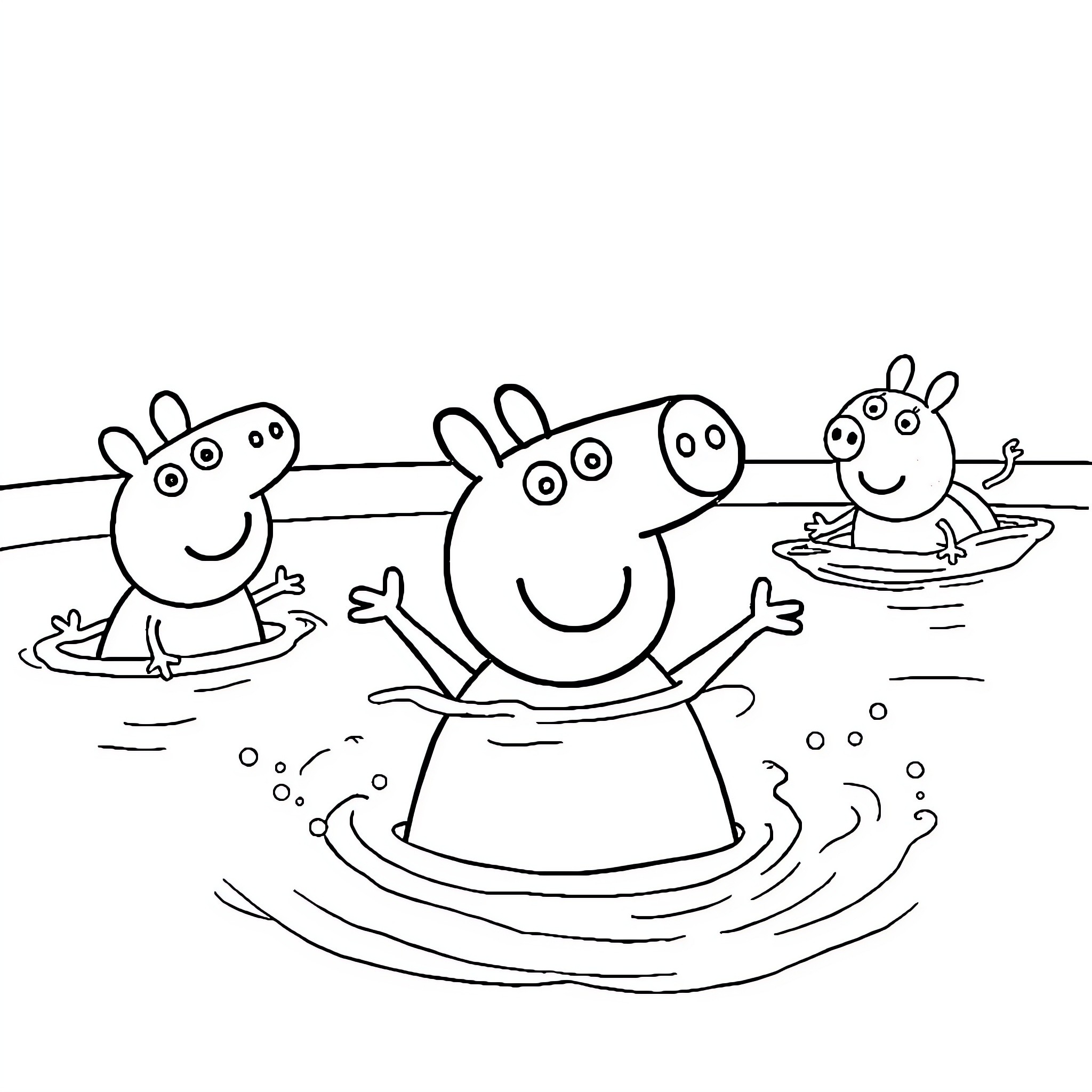 Peppa Pig and friends playing in the water Coloring Page (free black-and-white line drawing printable PDF for all, from beginners to advanced learners, including children, teens, adults, and seniors)
