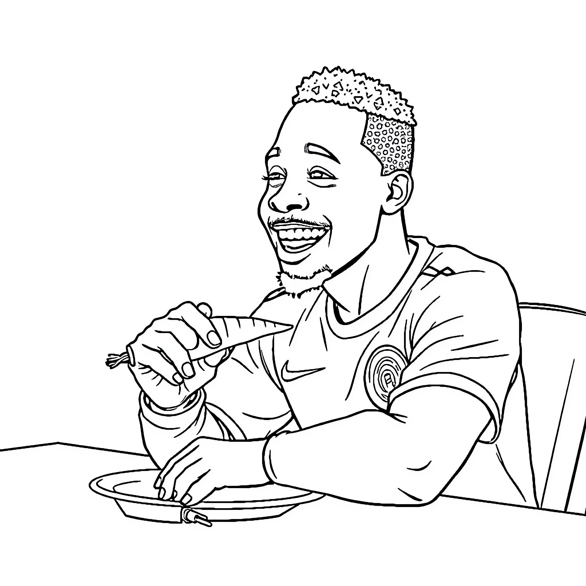 Mbappe enjoying a meal with a cheerful expression Coloring Page (free black-and-white line drawing printable PDF for all, from beginners to advanced learners, including children, teens, adults, and seniors)