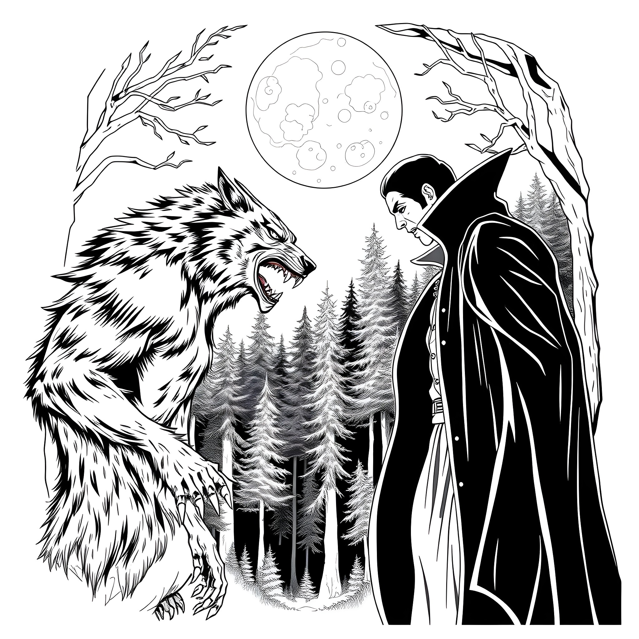 Werewolf confrontation under the full moon Coloring Page (free black-and-white line drawing printable PDF for all, from beginners to advanced learners, including children, teens, adults, and seniors)