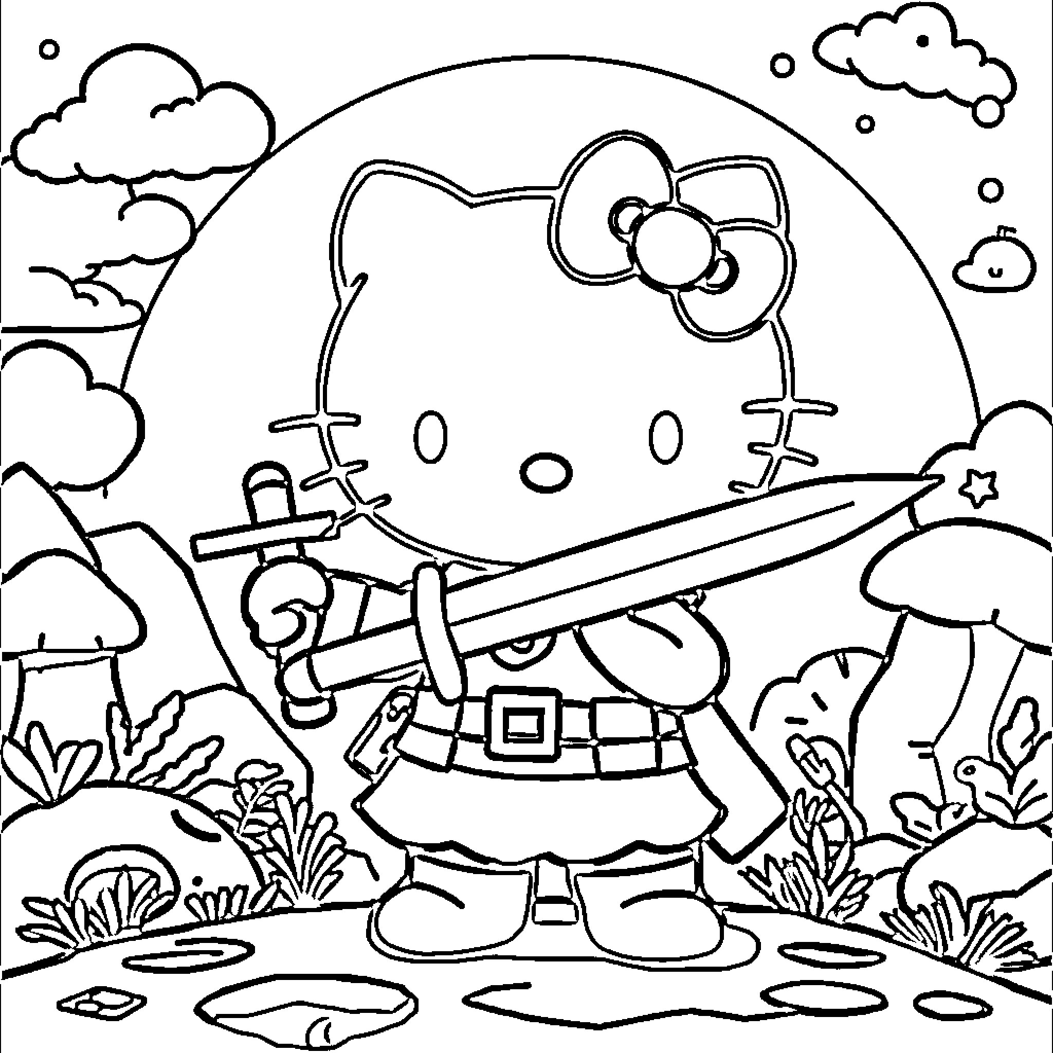 Hello Kitty exploring the outdoors with a backpack Coloring Page (free black-and-white line drawing printable PDF for all, from beginners to advanced learners, including children, teens, adults, and seniors)