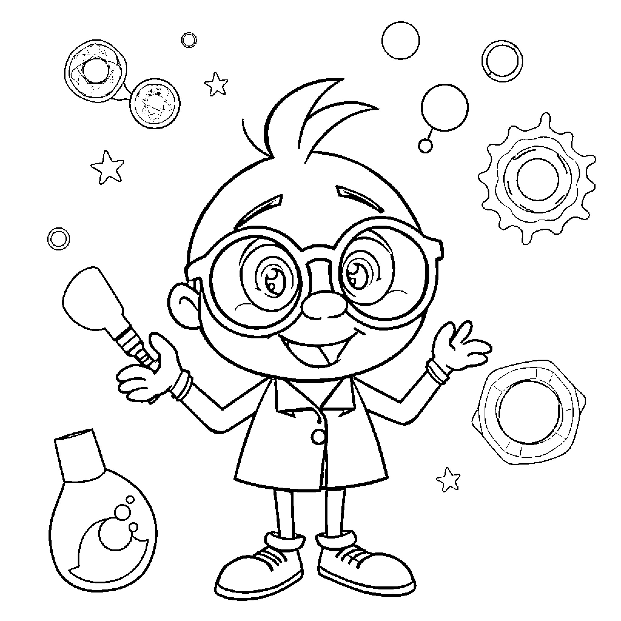 Dr. Binocs' Curious Experiment with Science Tools Coloring Page (free black-and-white line drawing printable PDF for all, from beginners to advanced learners, including children, teens, adults, and seniors)