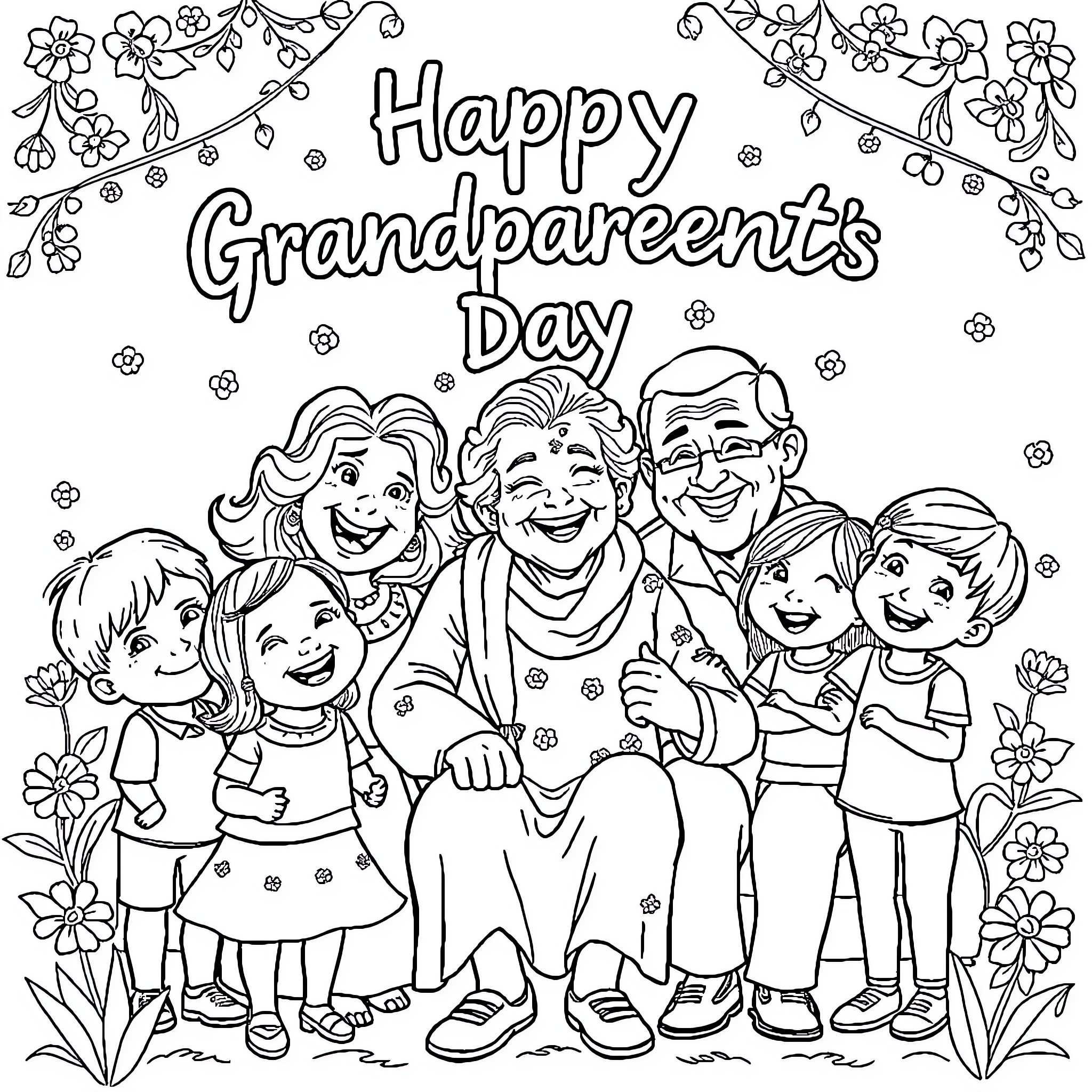 Grandparents enjoying family time with loved ones Coloring Page (free black-and-white line drawing printable PDF for all, from beginners to advanced learners, including children, teens, adults, and seniors)
