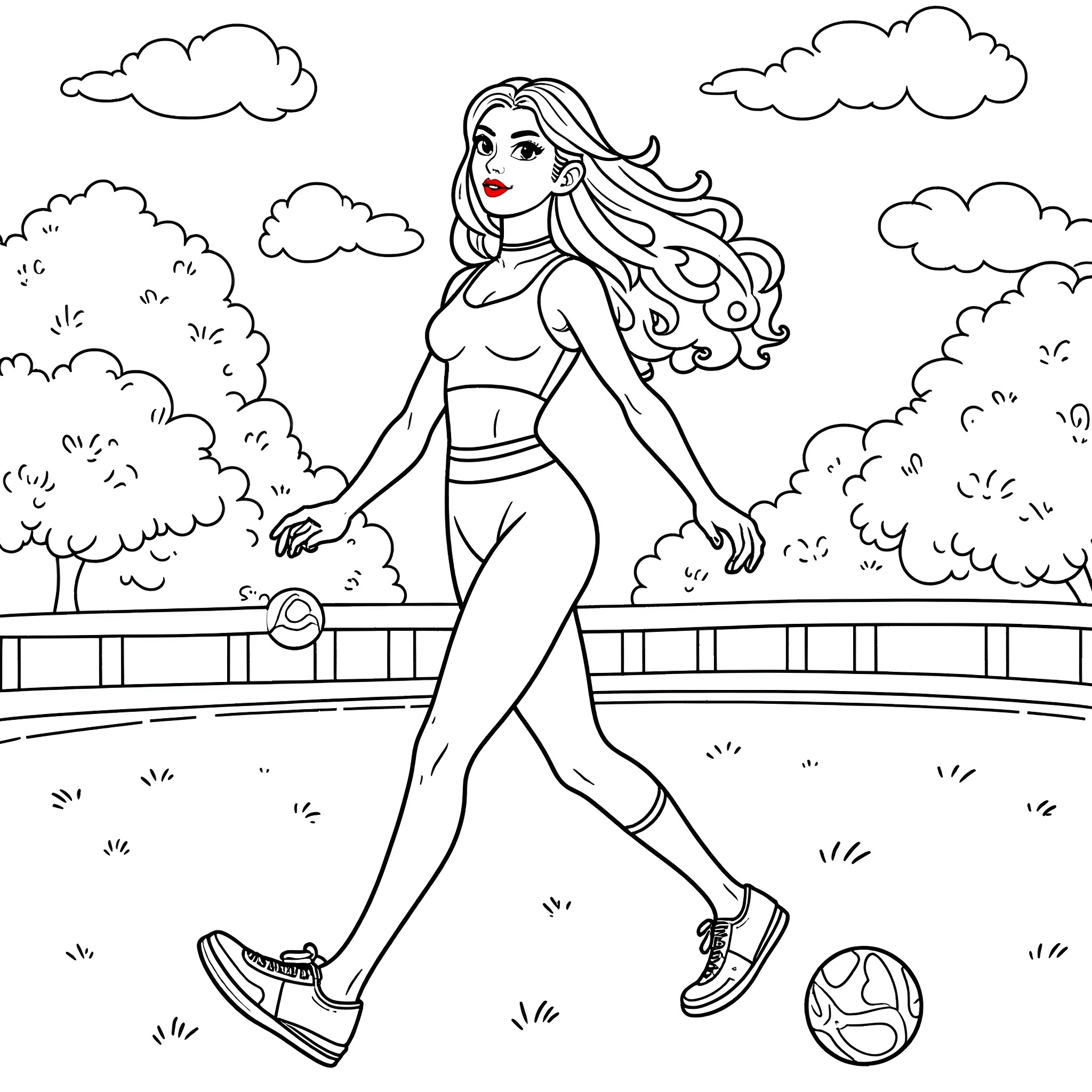 She-Ra jogging in the park Coloring Page (free black-and-white line drawing printable PDF for all, from beginners to advanced learners, including children, teens, adults, and seniors)