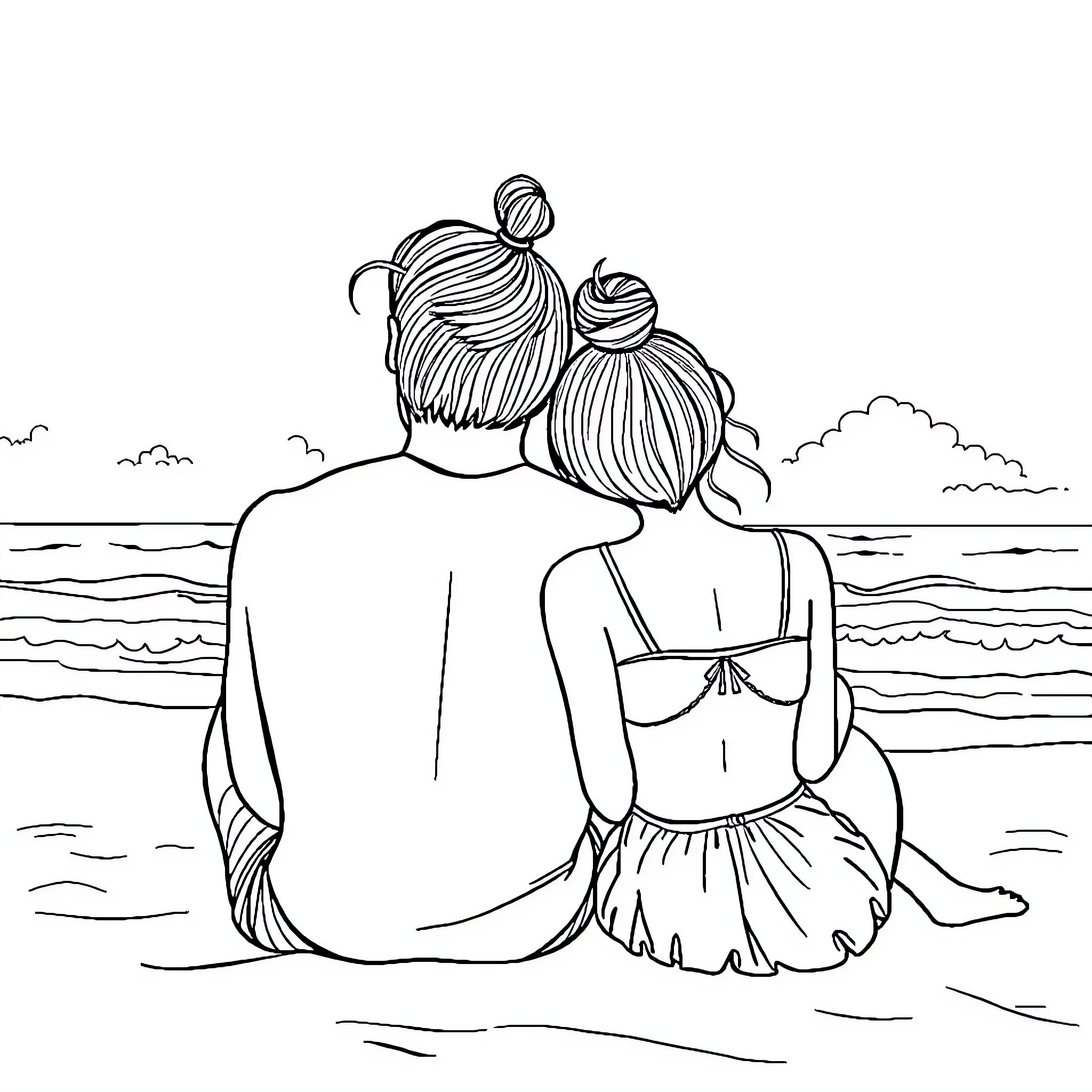 Man and Woman Embracing by the Ocean Coloring Page (free black-and-white line drawing printable PDF for all, from beginners to advanced learners, including children, teens, adults, and seniors)