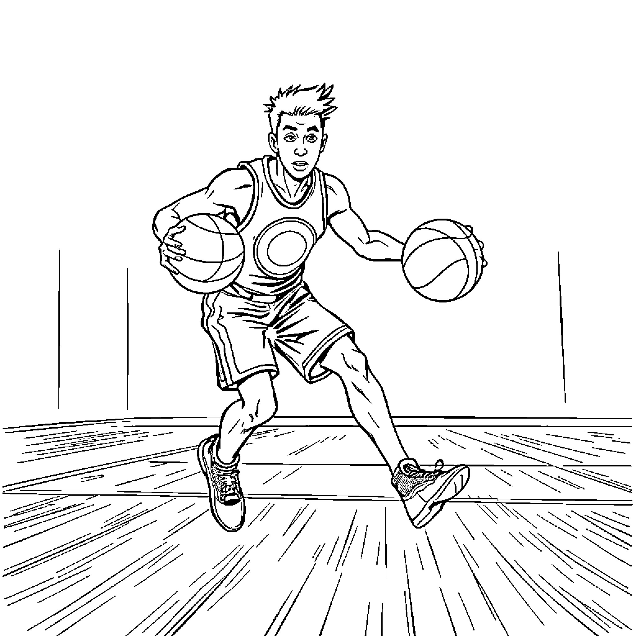 Oliver dribbling basketballs on the court Coloring Page (free black-and-white line drawing printable PDF for all, from beginners to advanced learners, including children, teens, adults, and seniors)