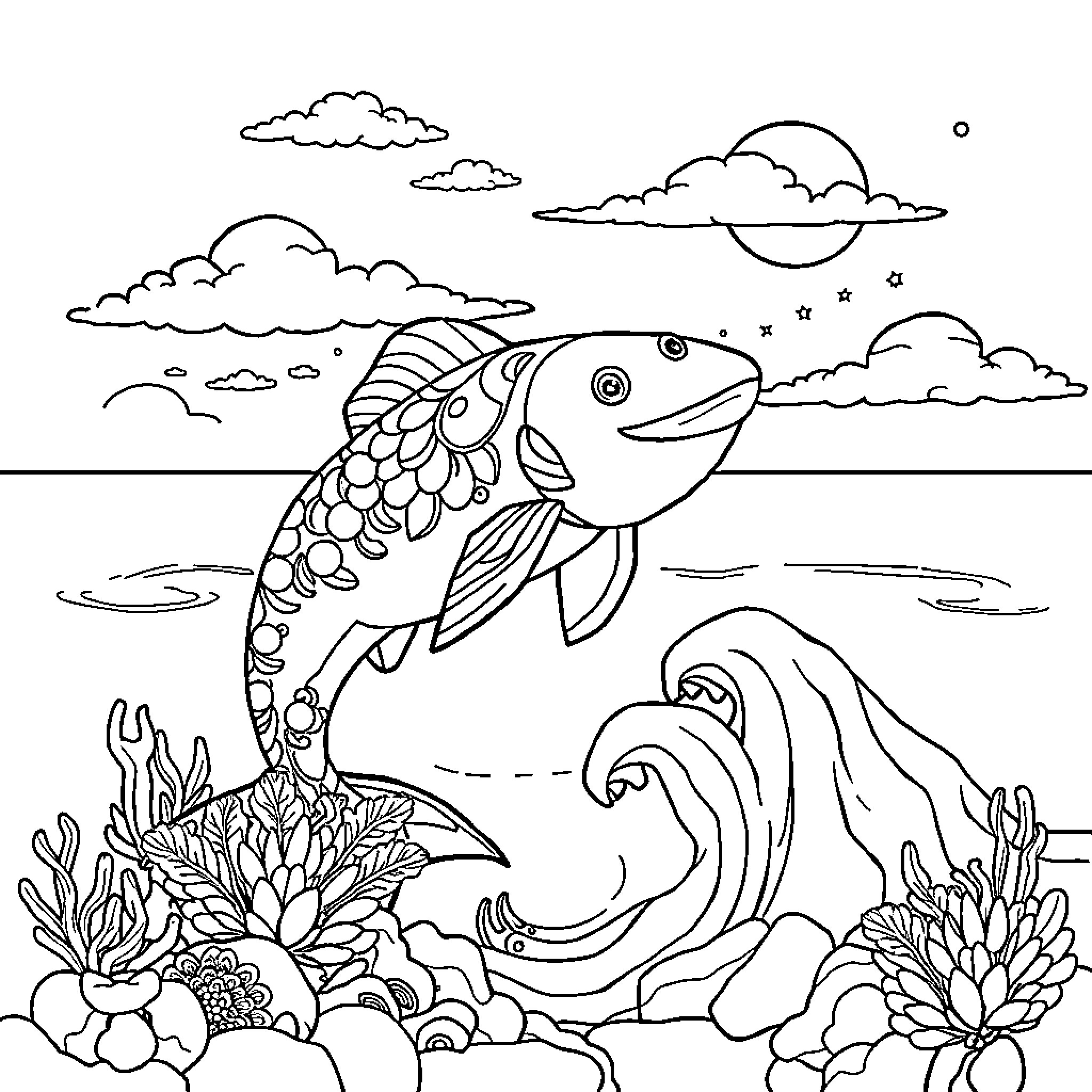 Maimuta swimming amongst the ocean waves and flora Coloring Page (free black-and-white line drawing printable PDF for all, from beginners to advanced learners, including children, teens, adults, and seniors)