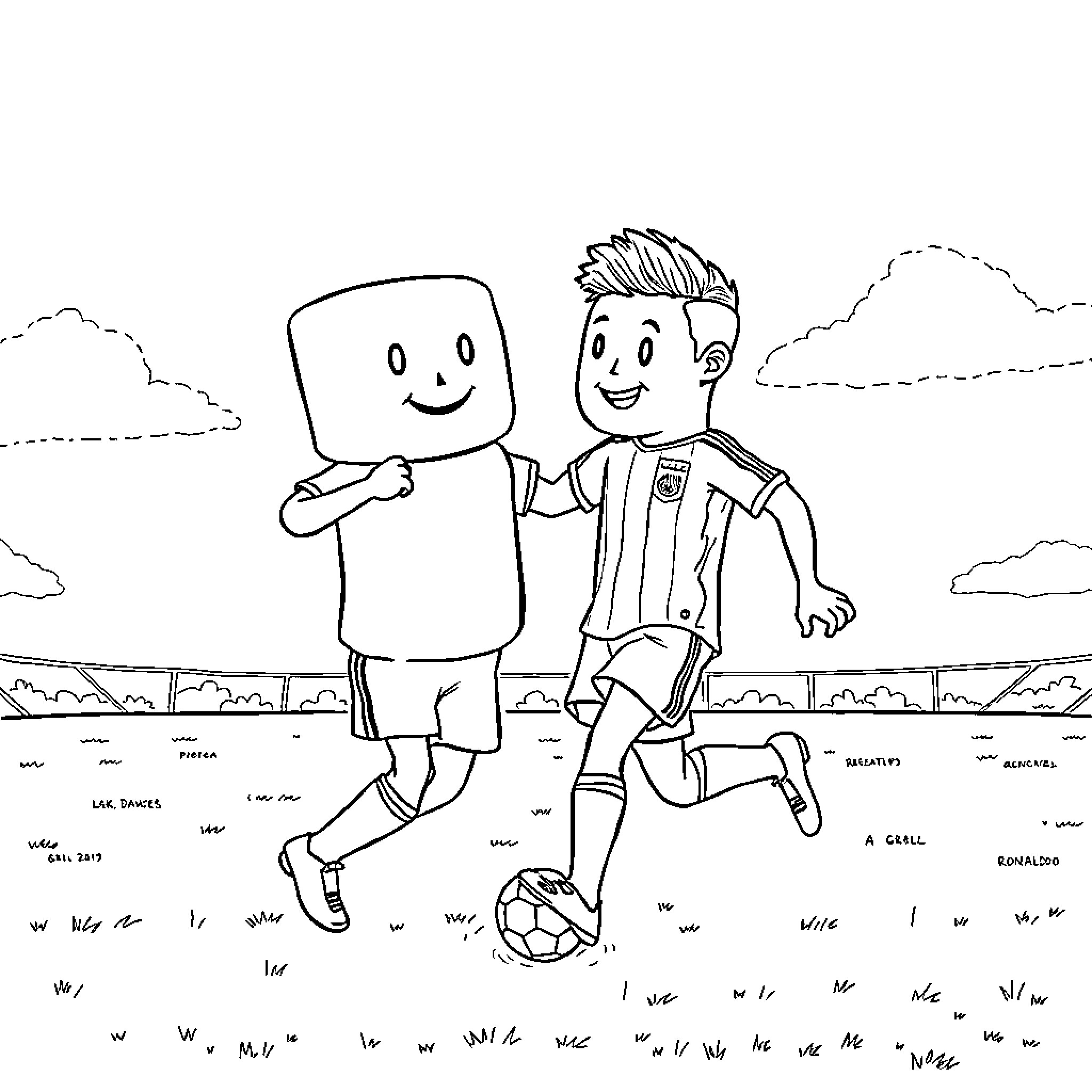 Marshmellow friends playing soccer in the park Coloring Page (free black-and-white line drawing printable PDF for all, from beginners to advanced learners, including children, teens, adults, and seniors)