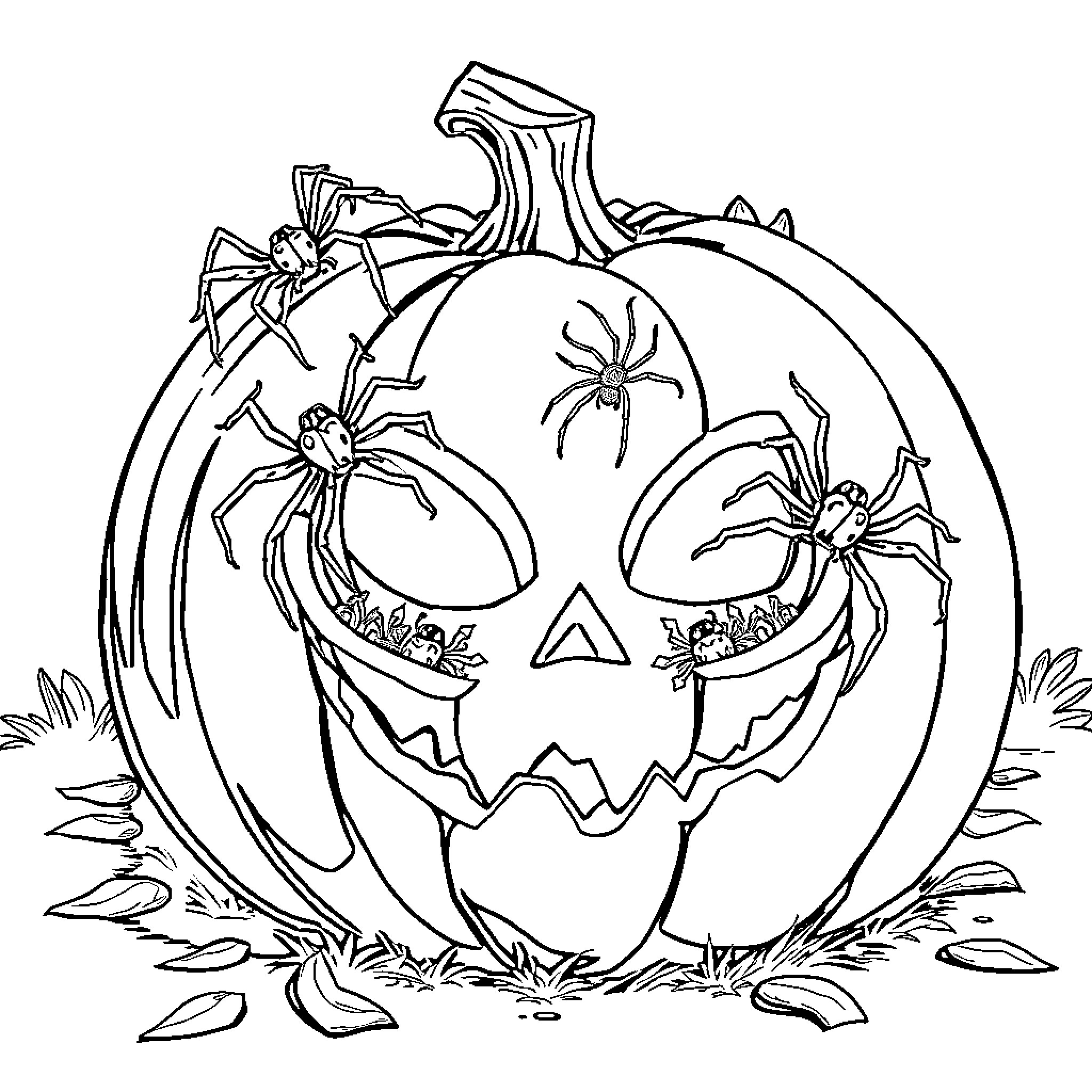 Spider-themed Halloween pumpkin with spooky decorations Coloring Page (free black-and-white line drawing printable PDF for all, from beginners to advanced learners, including children, teens, adults, and seniors)