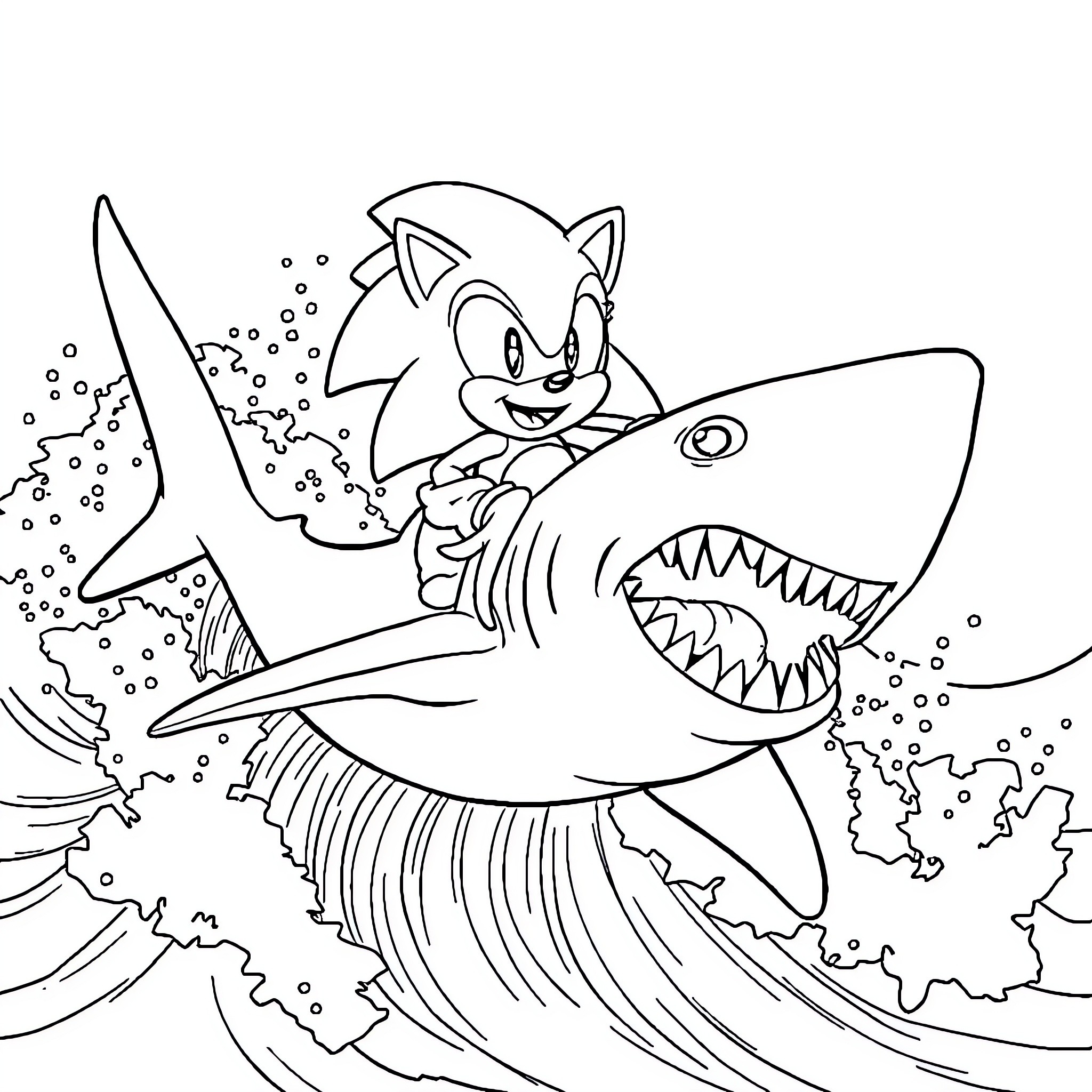 Sonic riding a ferocious shark in the ocean Coloring Page (free black-and-white line drawing printable PDF for all, from beginners to advanced learners, including children, teens, adults, and seniors)
