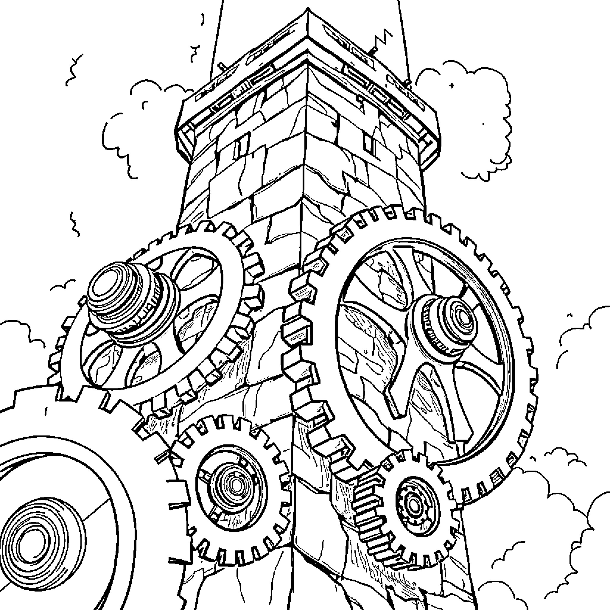 Gear-powered Mechanical Tower Coloring Page (free black-and-white line drawing printable PDF for all, from beginners to advanced learners, including children, teens, adults, and seniors)