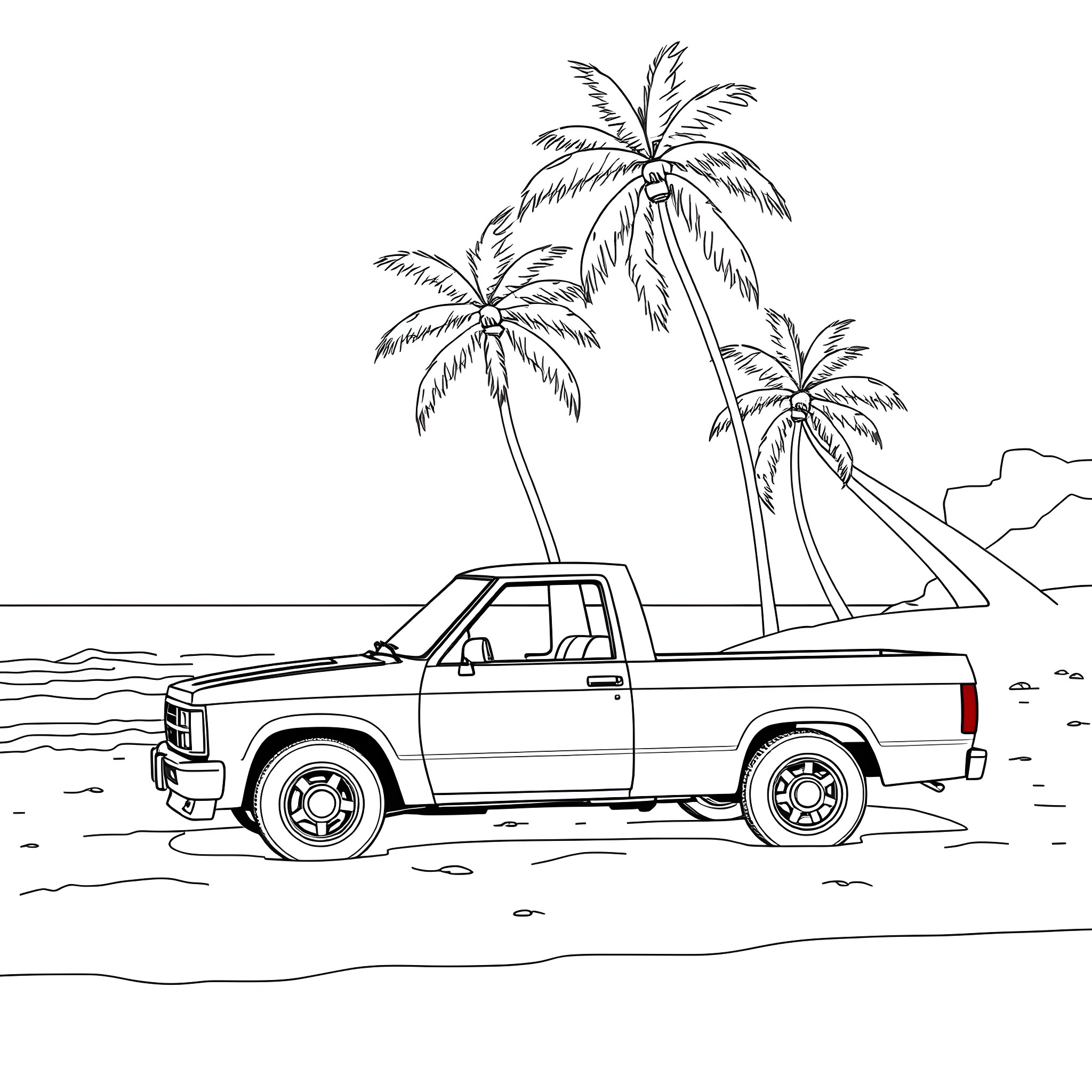 Truck on the beach with palm trees Coloring Page (free black-and-white line drawing printable PDF for all, from beginners to advanced learners, including children, teens, adults, and seniors)