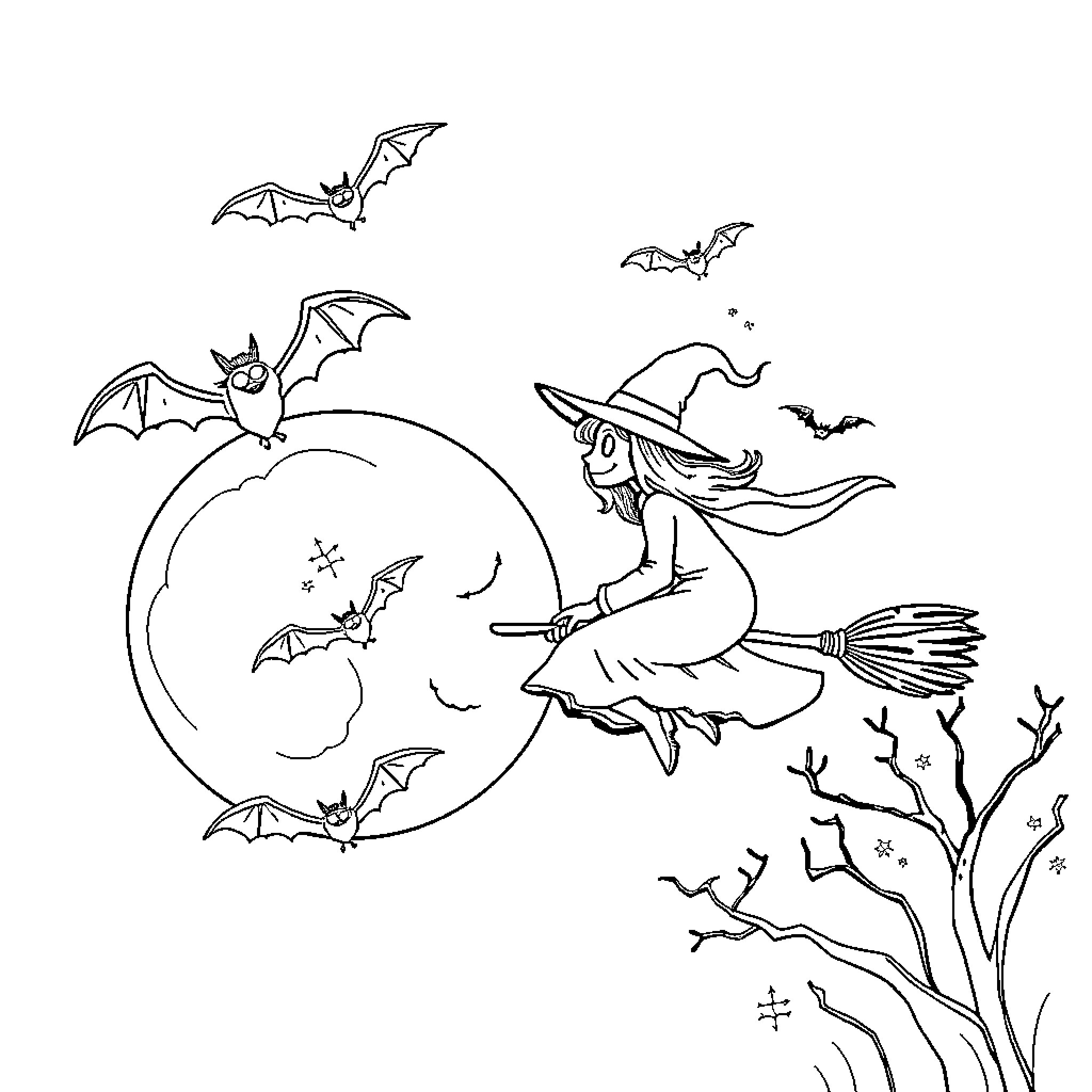 Bats and Witch Flying Over Crescent Moon Coloring Page (free black-and-white line drawing printable PDF for all, from beginners to advanced learners, including children, teens, adults, and seniors)