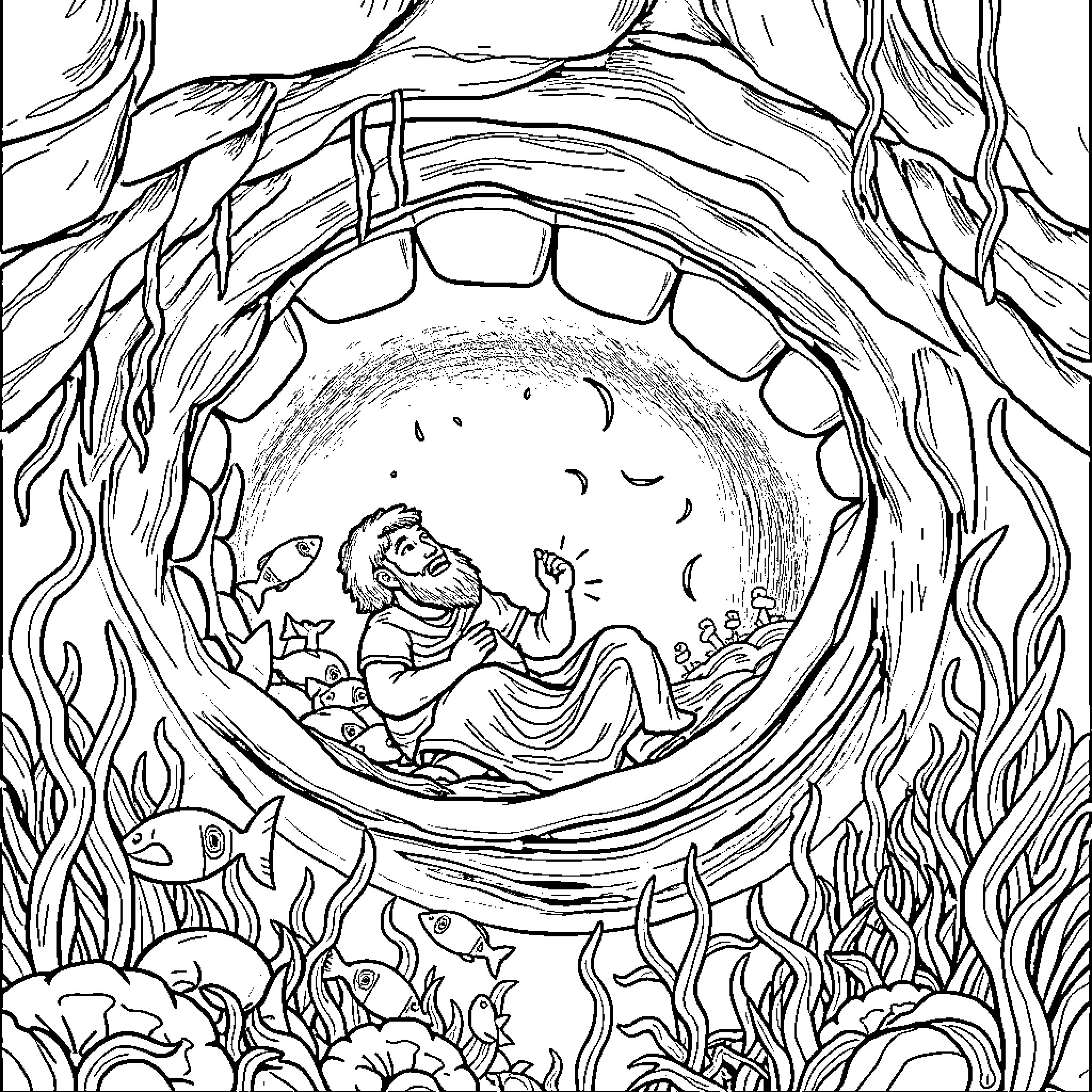 Jonah's undersea adventure in the whale's belly Coloring Page (free black-and-white line drawing printable PDF for all, from beginners to advanced learners, including children, teens, adults, and seniors)