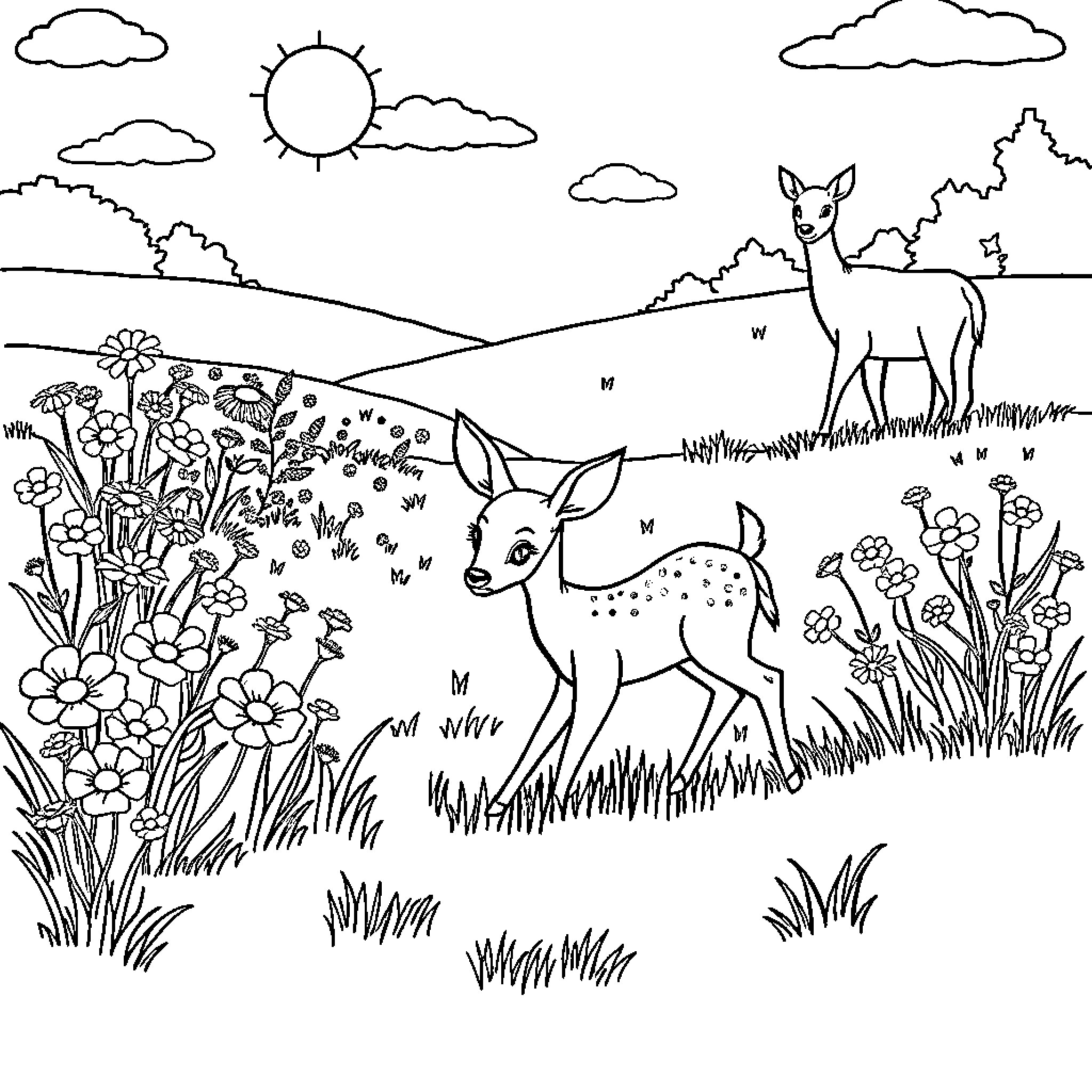 Deer frolicking in a lush meadow Coloring Page (free black-and-white line drawing printable PDF for all, from beginners to advanced learners, including children, teens, adults, and seniors)