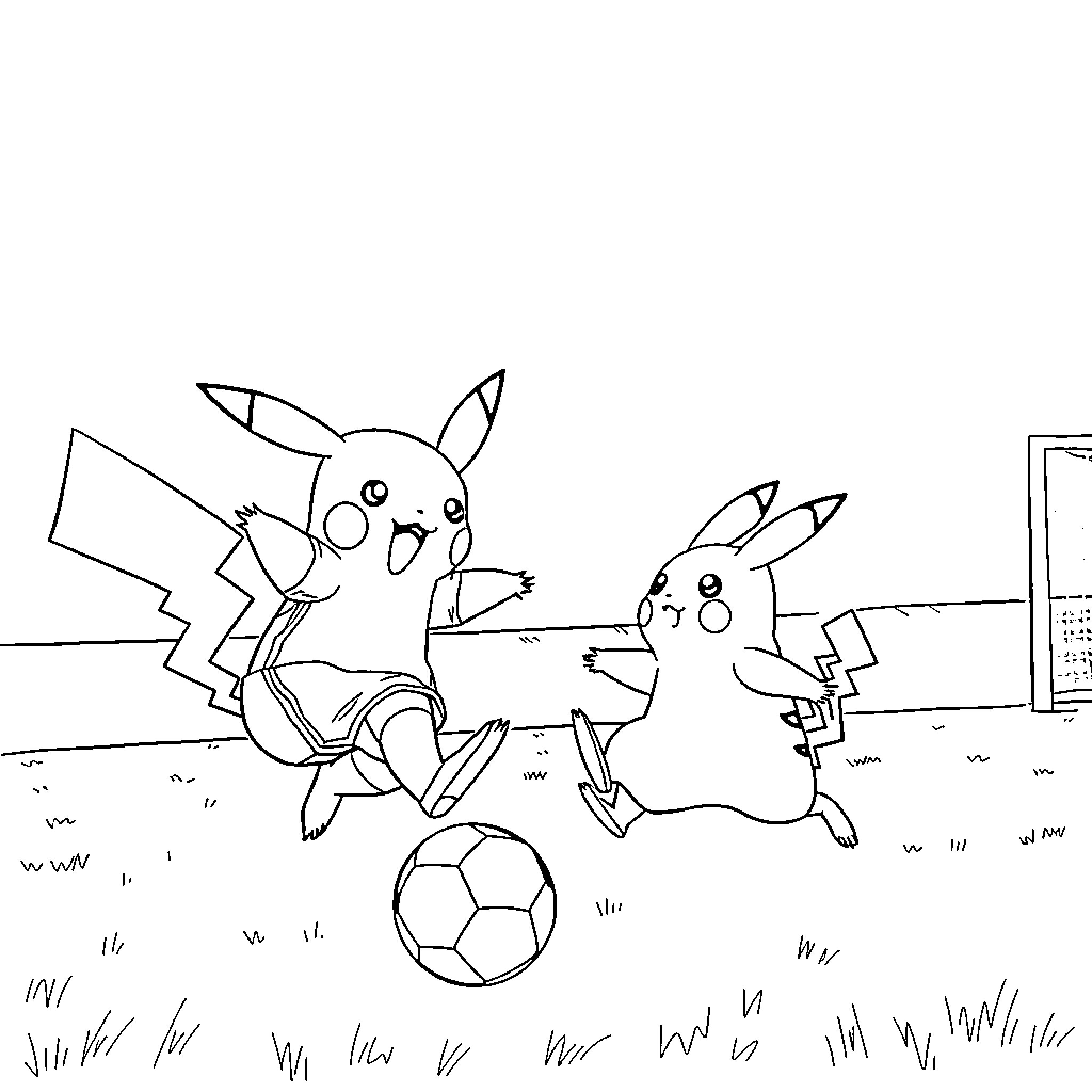 Pikachu playing soccer with friend in the park Coloring Page (free black-and-white line drawing printable PDF for all, from beginners to advanced learners, including children, teens, adults, and seniors)