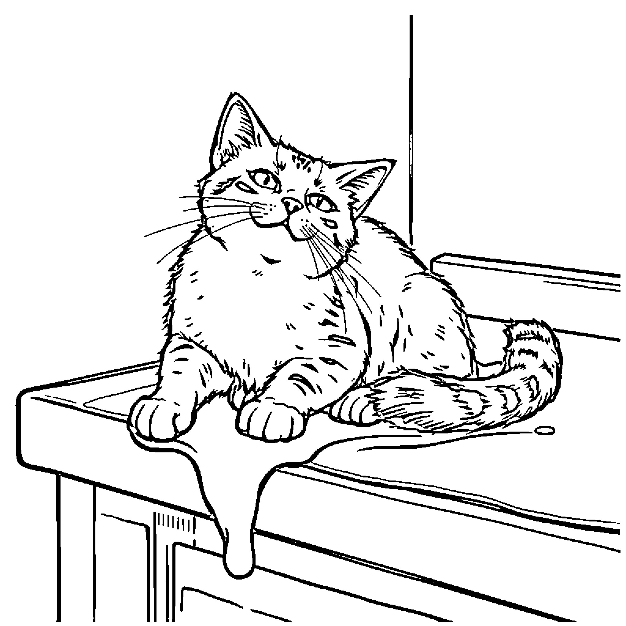Cat relaxing on furniture Coloring Page (free black-and-white line drawing printable PDF for all, from beginners to advanced learners, including children, teens, adults, and seniors)