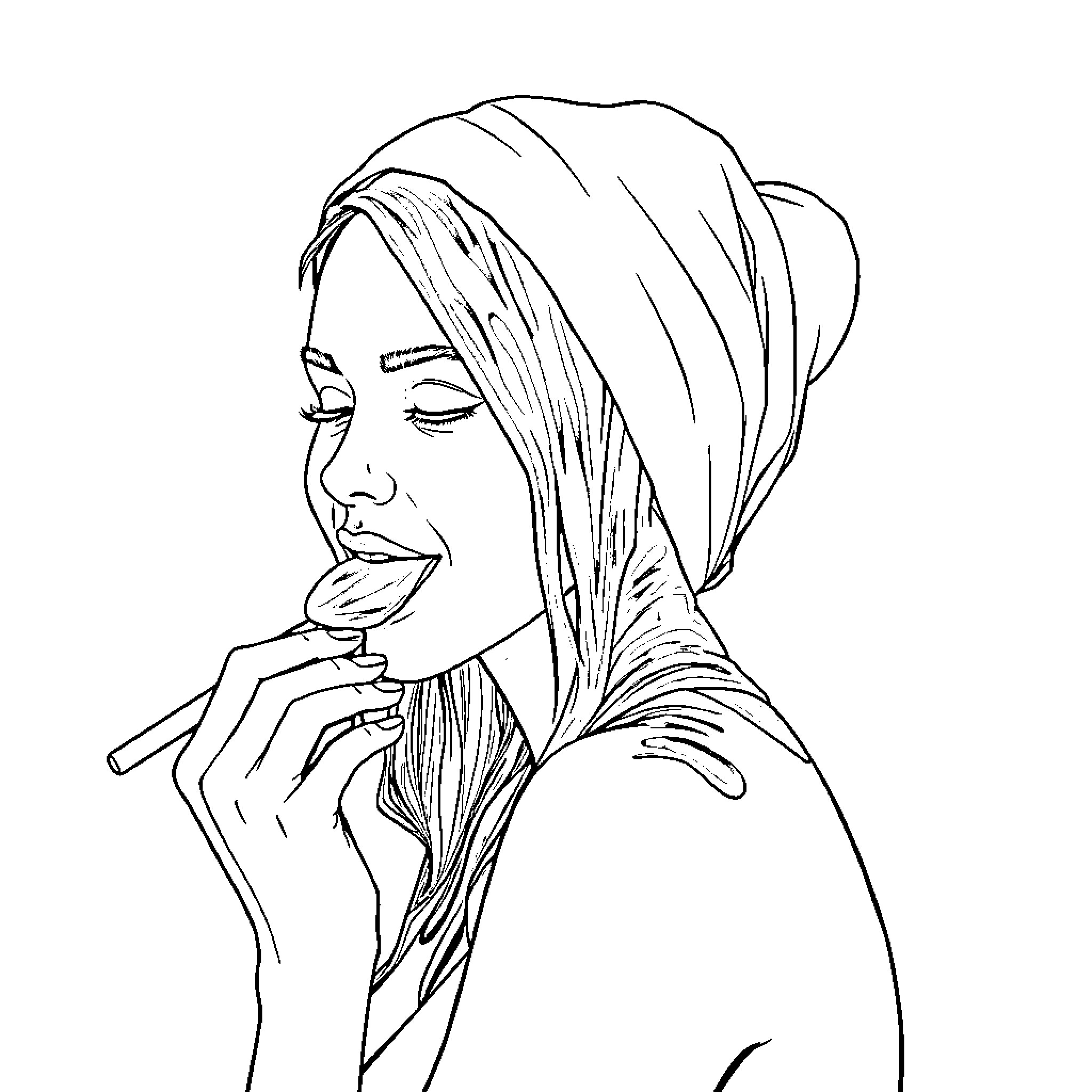 Woman in Thoughtful Contemplation Coloring Page (free black-and-white line drawing printable PDF for all, from beginners to advanced learners, including children, teens, adults, and seniors)