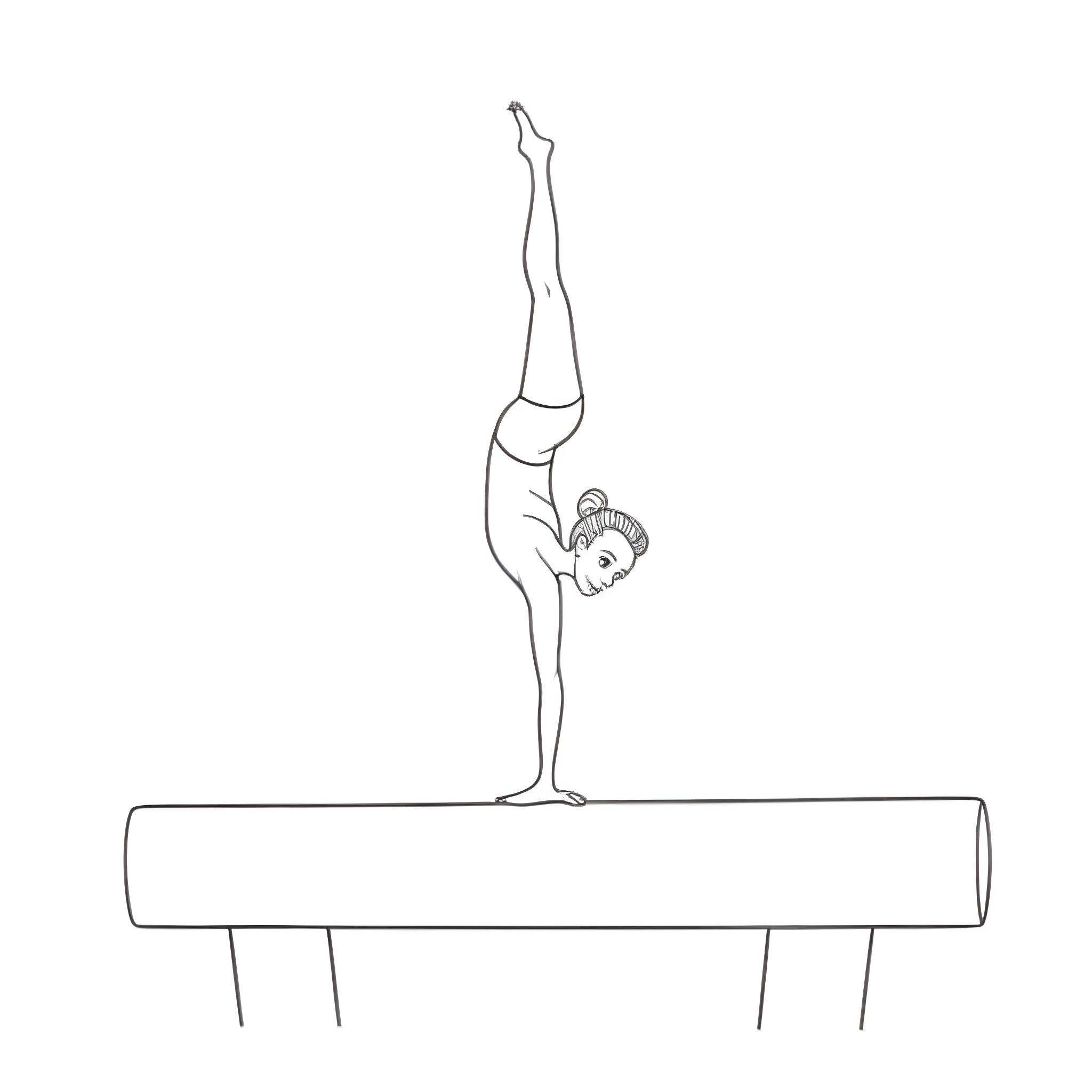 Gymnast performing acrobatic move on balance beam Coloring Page (free black-and-white line drawing printable PDF for all, from beginners to advanced learners, including children, teens, adults, and seniors)