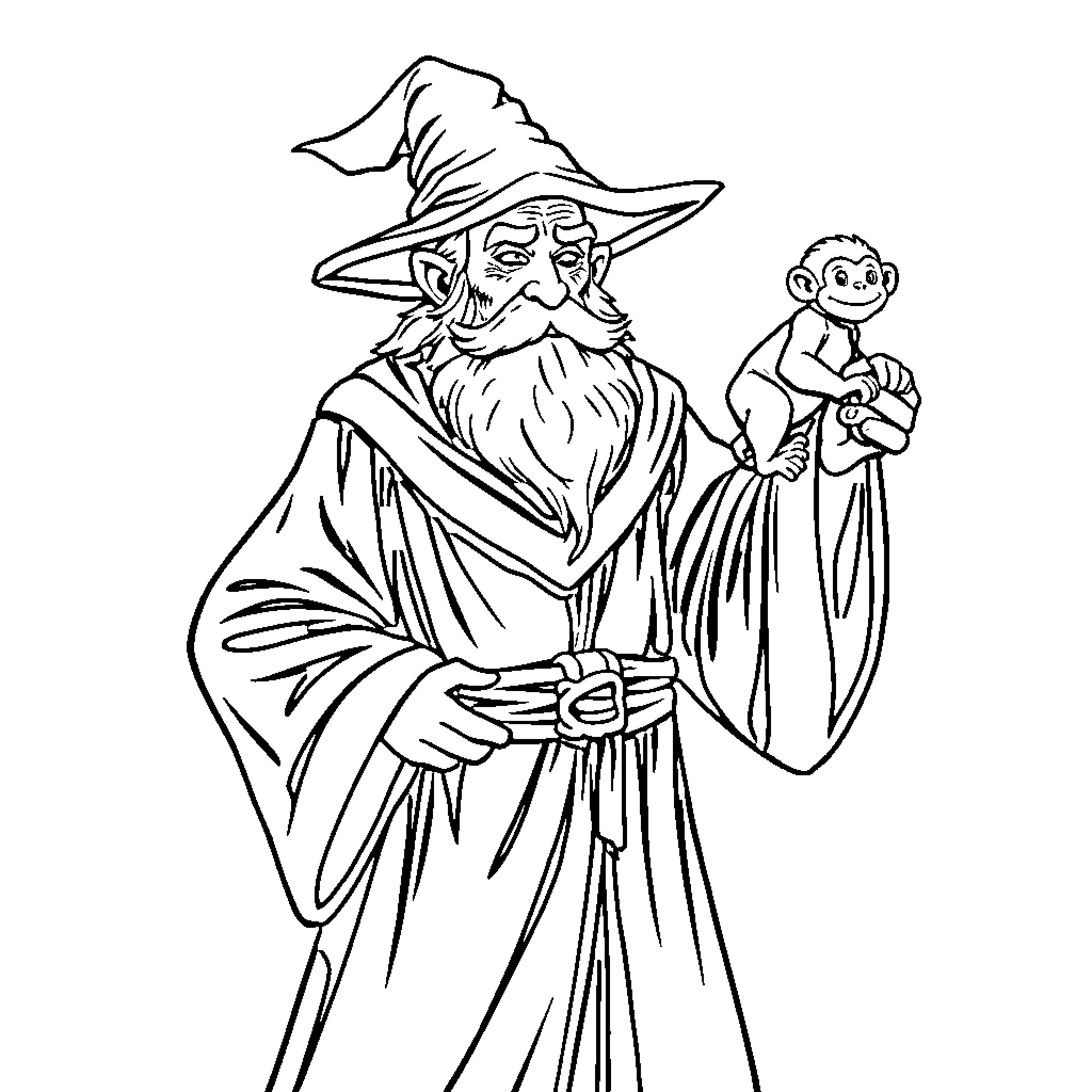 Wizard holding a magical monkey companion Coloring Page (free black-and-white line drawing printable PDF for all, from beginners to advanced learners, including children, teens, adults, and seniors)