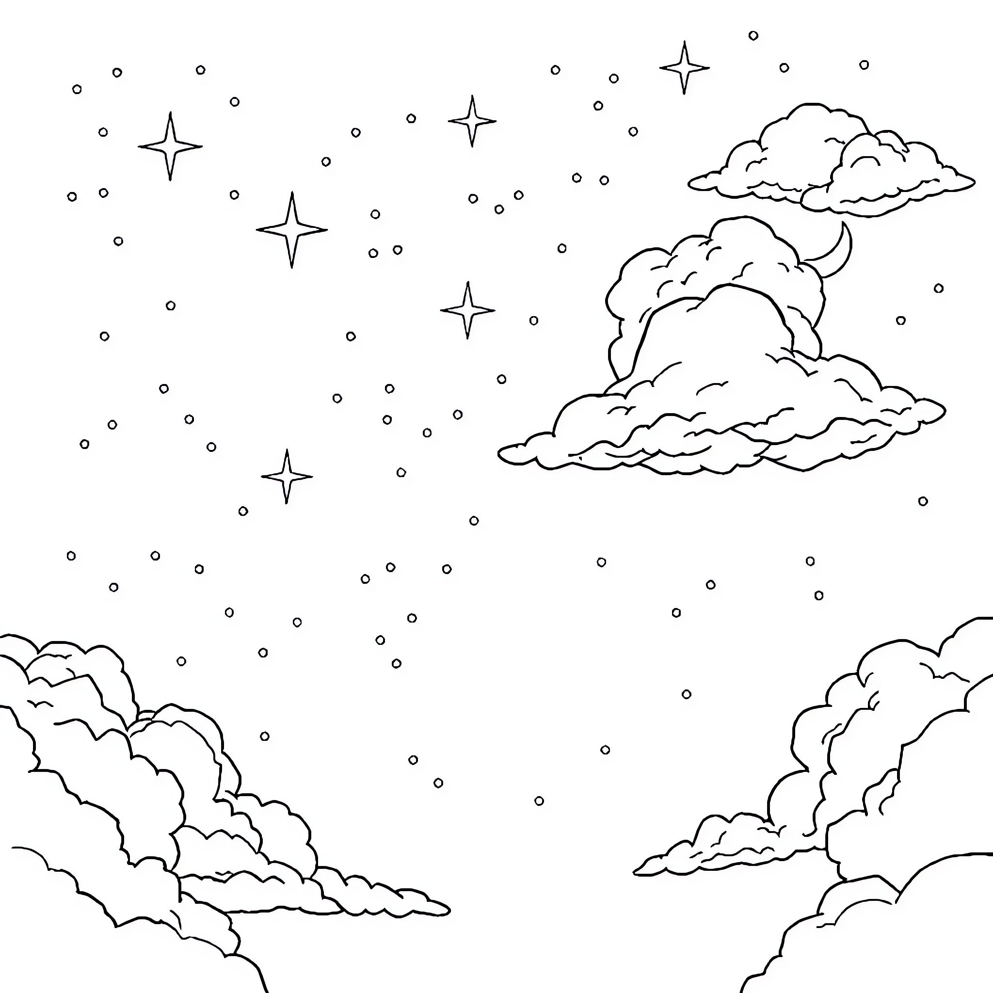 God's Celestial Canvas: Clouds and Stars Coloring Page (free black-and-white line drawing printable PDF for all, from beginners to advanced learners, including children, teens, adults, and seniors)