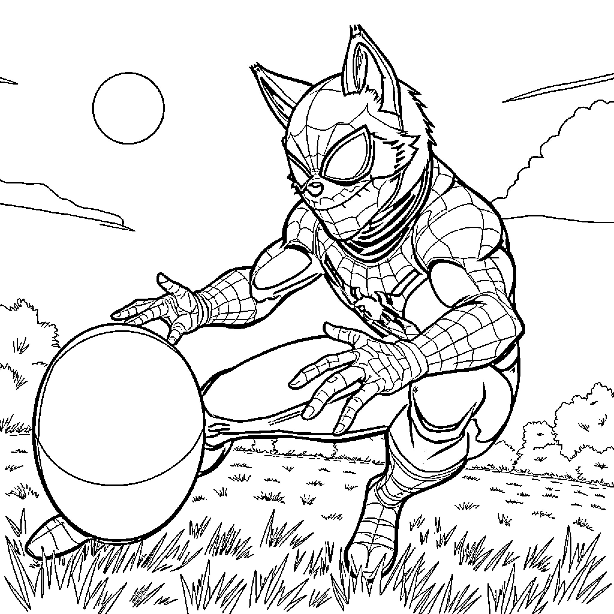 Spiderman crouching in heroic pose on grassy field Coloring Page (free black-and-white line drawing printable PDF for all, from beginners to advanced learners, including children, teens, adults, and seniors)