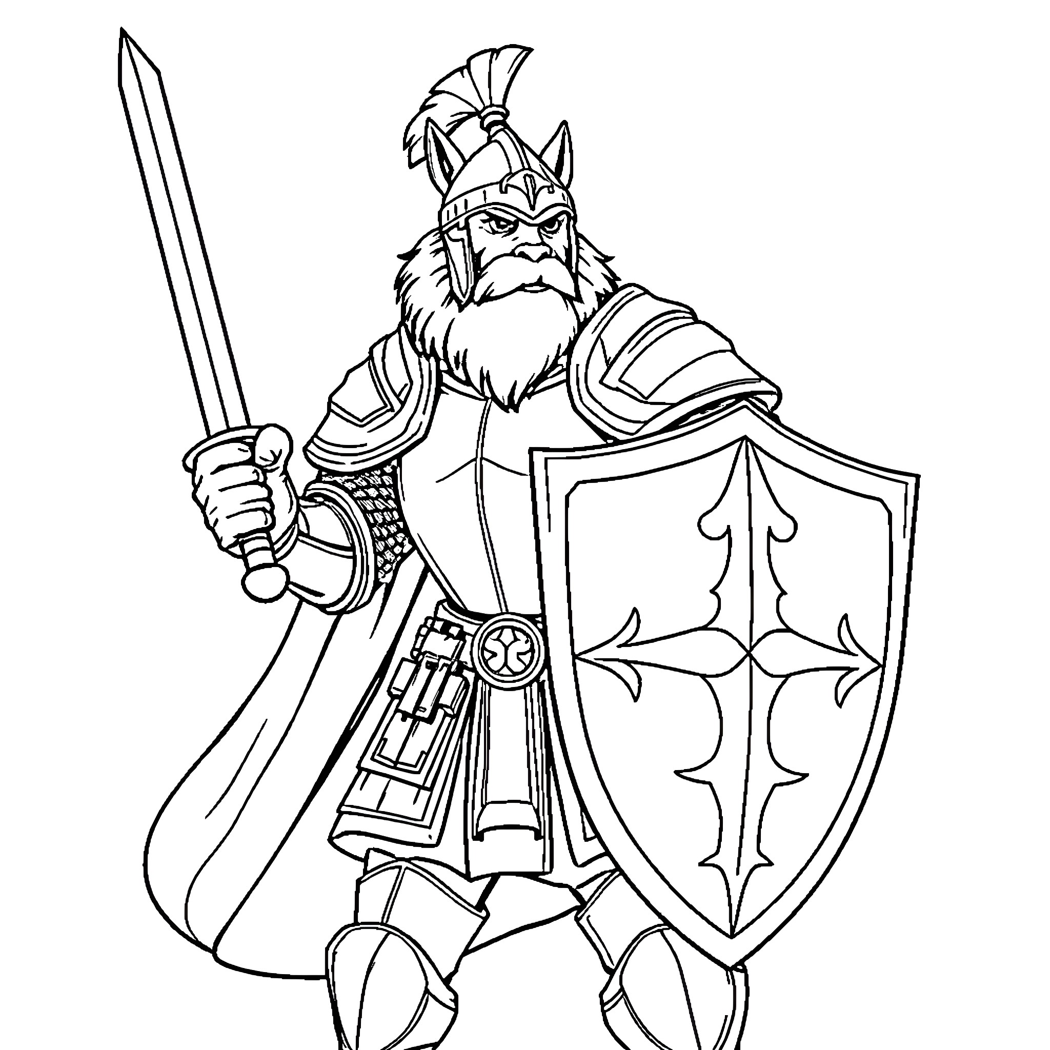 Husky warrior knight in battle-ready stance Coloring Page (free black-and-white line drawing printable PDF for all, from beginners to advanced learners, including children, teens, adults, and seniors)