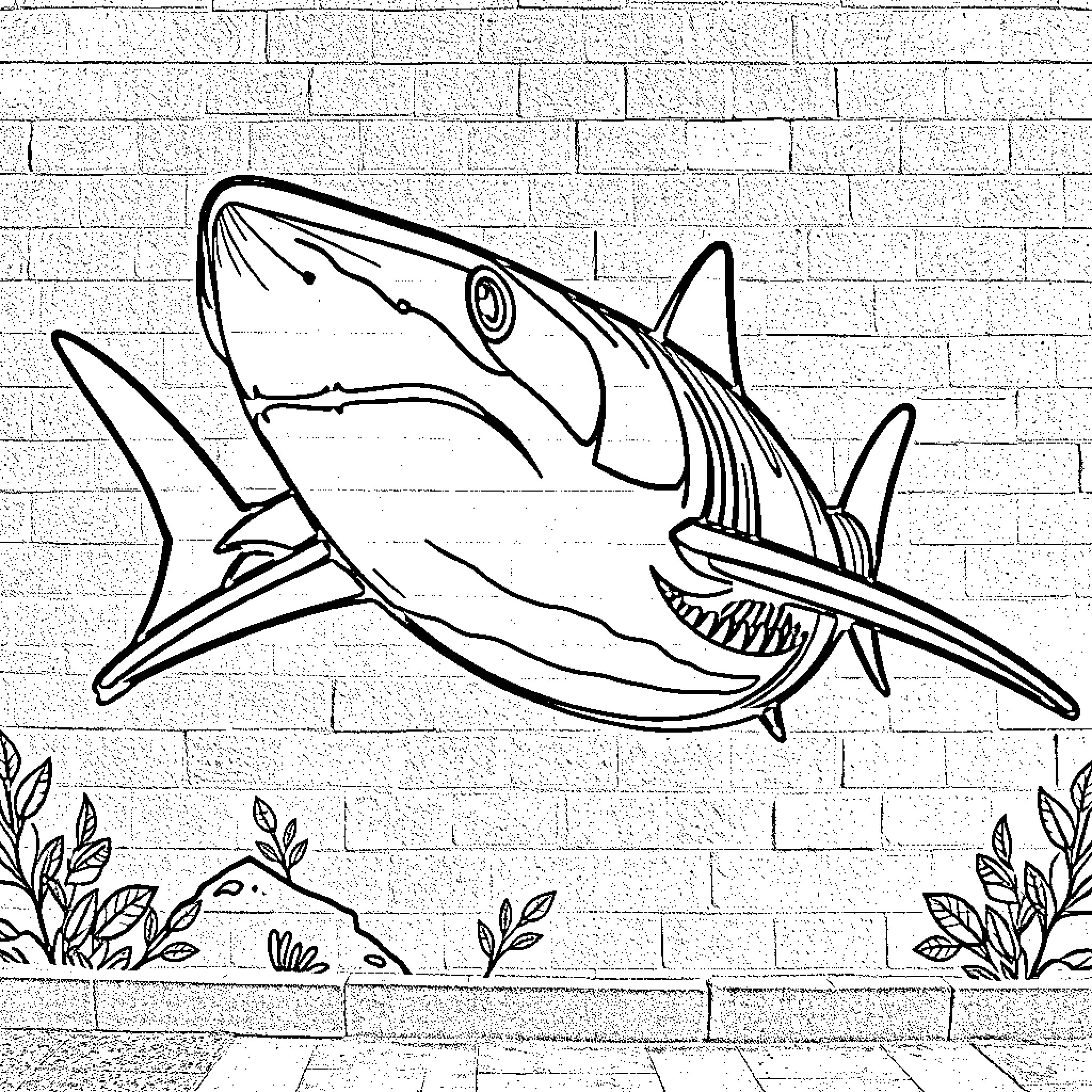 Shark leaping out of brick wall Coloring Page (free black-and-white line drawing printable PDF for all, from beginners to advanced learners, including children, teens, adults, and seniors)