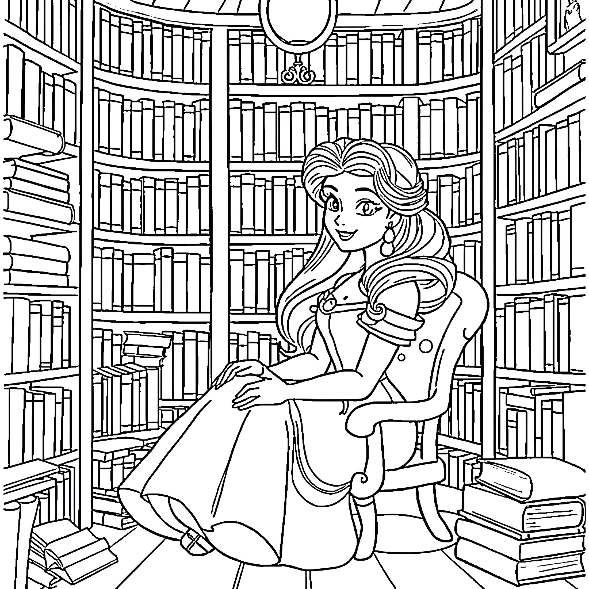 Belle Enjoying a Cozy Reading Session in the Library Coloring Page (free black-and-white line drawing printable PDF for all, from beginners to advanced learners, including children, teens, adults, and seniors)