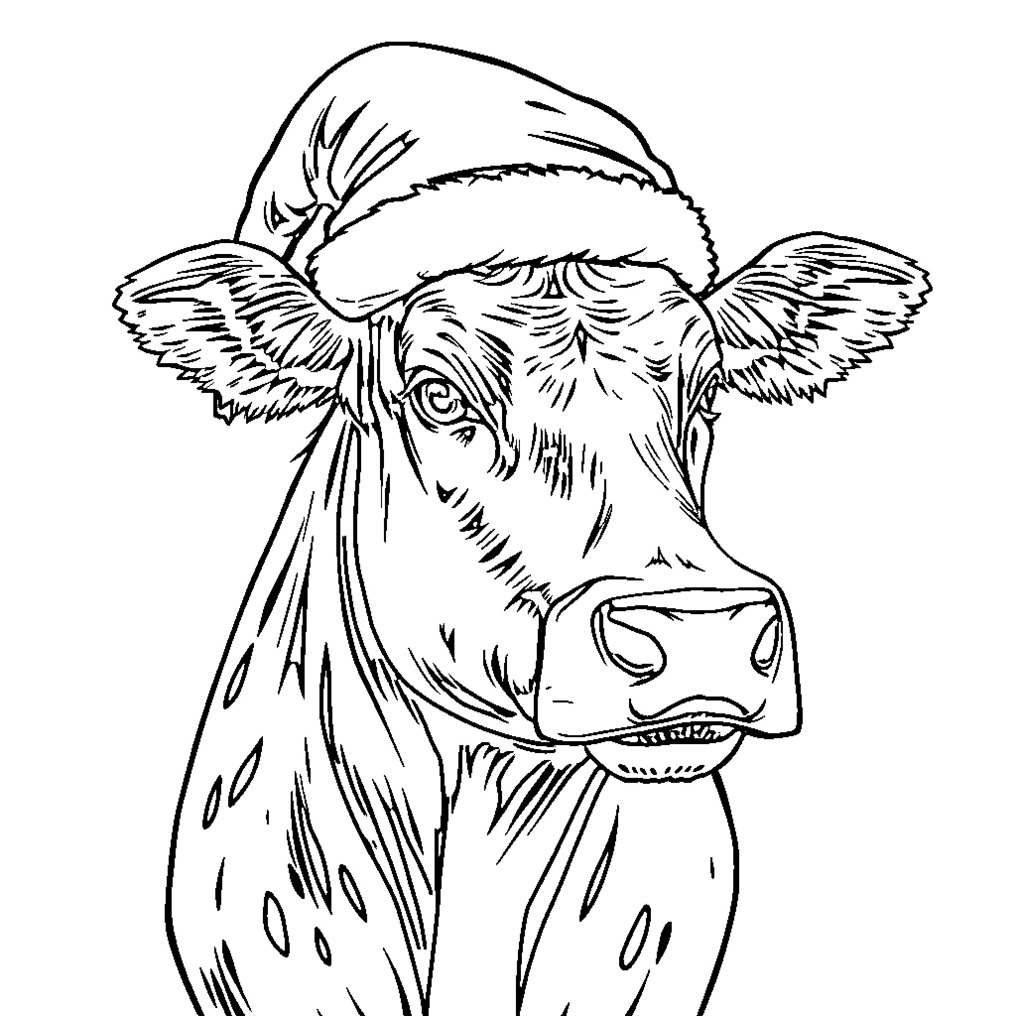 Christmas Cow wearing a Santa hat Coloring Page (free black-and-white line drawing printable PDF for all, from beginners to advanced learners, including children, teens, adults, and seniors)