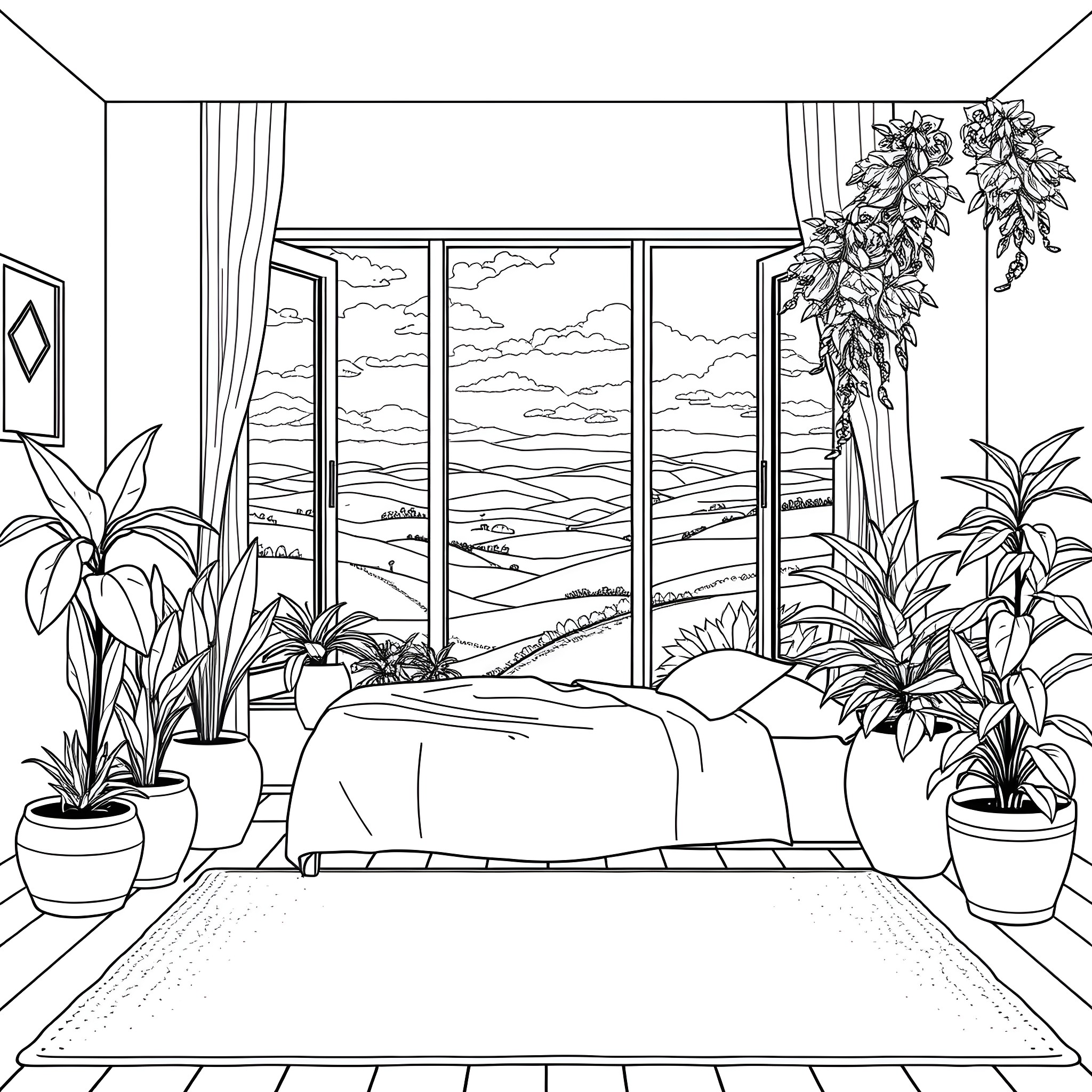 Bedroom with scenic window and indoor plants Coloring Page (free black-and-white line drawing printable PDF for all, from beginners to advanced learners, including children, teens, adults, and seniors)