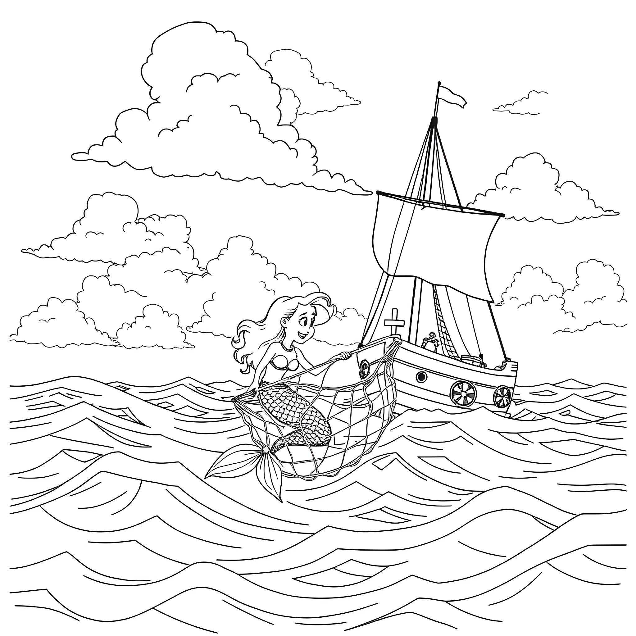 Mermaid riding a sailboat in the open sea Coloring Page (free black-and-white line drawing printable PDF for all, from beginners to advanced learners, including children, teens, adults, and seniors)