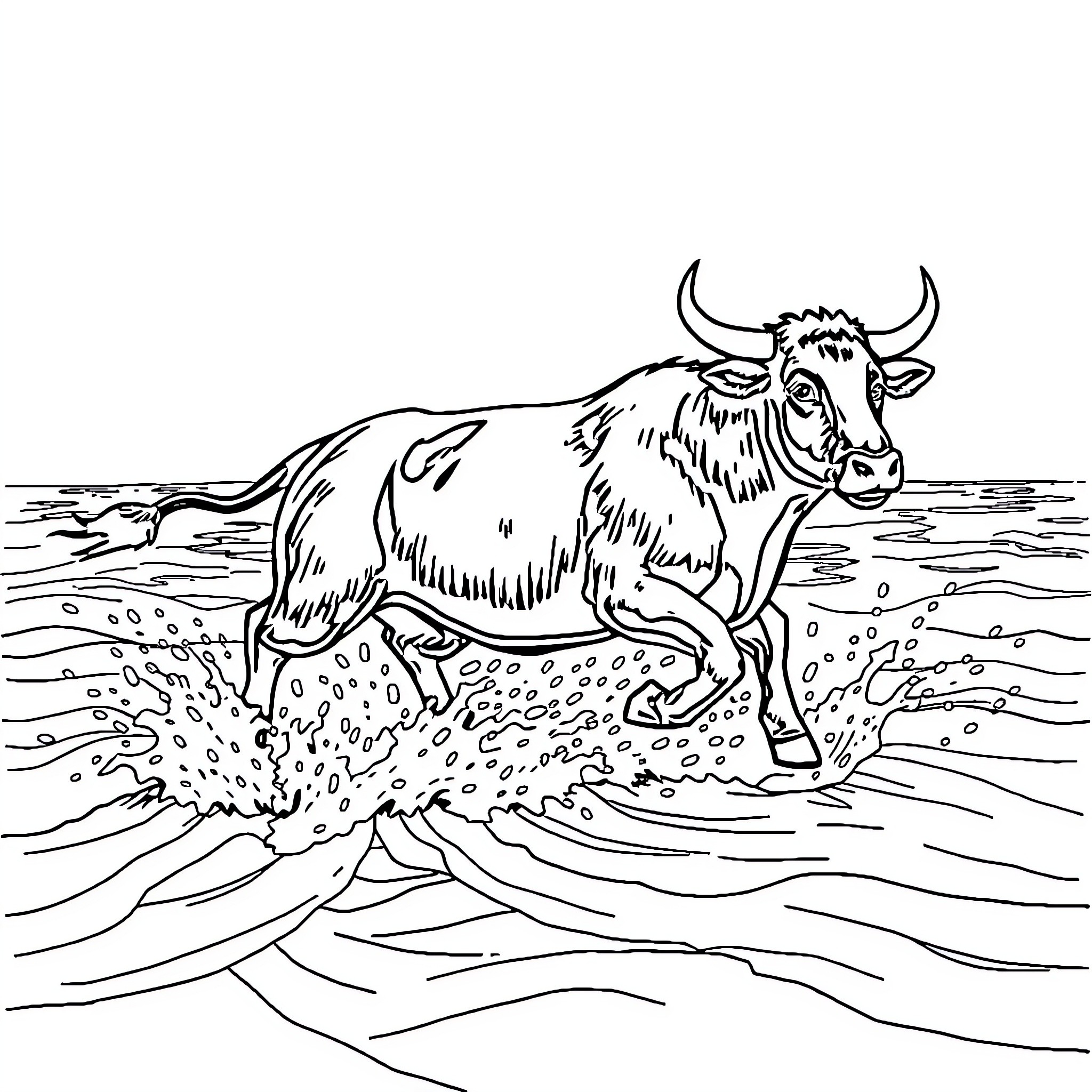 Wool E Bull running through the waves Coloring Page (free black-and-white line drawing printable PDF for all, from beginners to advanced learners, including children, teens, adults, and seniors)
