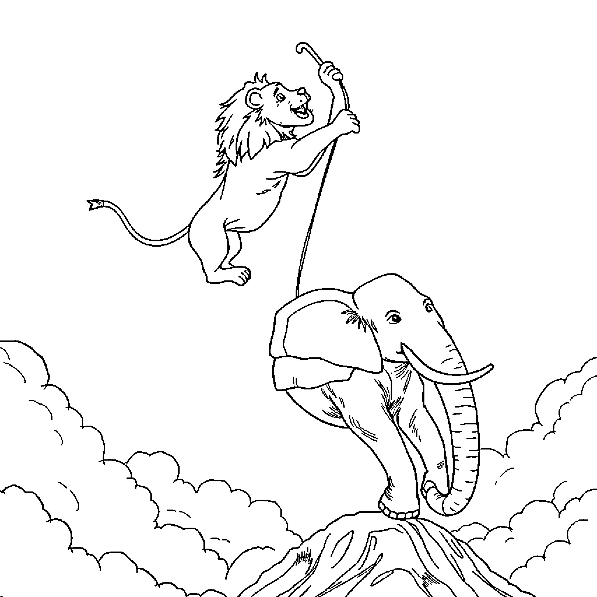 Lion and Elephant Playfully Interact in the Clouds Coloring Page (free black-and-white line drawing printable PDF for all, from beginners to advanced learners, including children, teens, adults, and seniors)