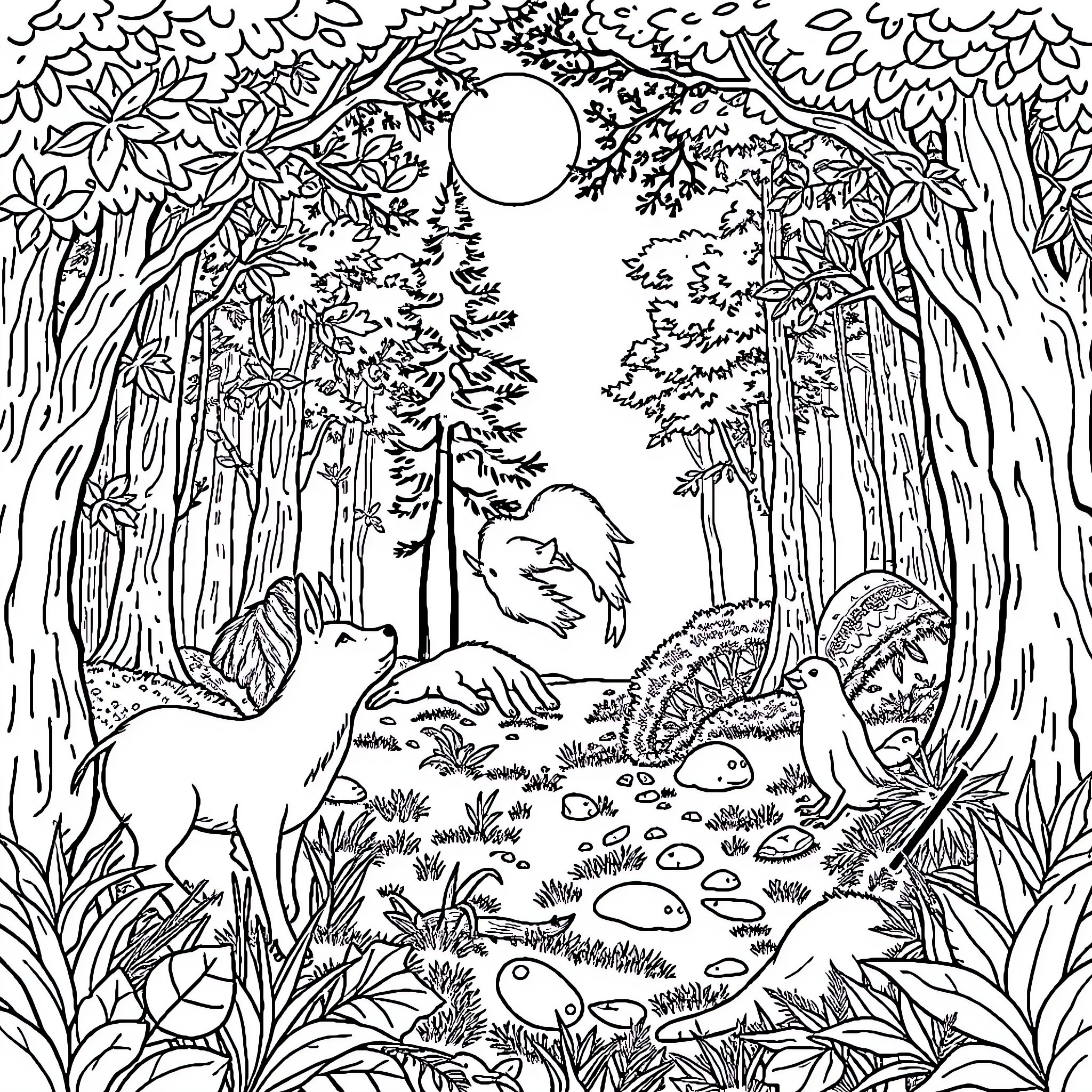 Animal Creatures Interacting in Forest Scene Coloring Page (free black-and-white line drawing printable PDF for all, from beginners to advanced learners, including children, teens, adults, and seniors)