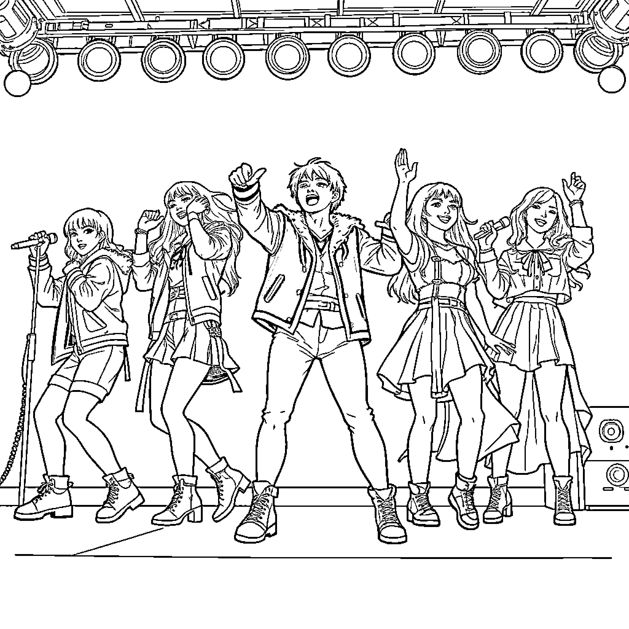 K Pop Warrior Friends Performing on Stage Coloring Page (free black-and-white line drawing printable PDF for all, from beginners to advanced learners, including children, teens, adults, and seniors)