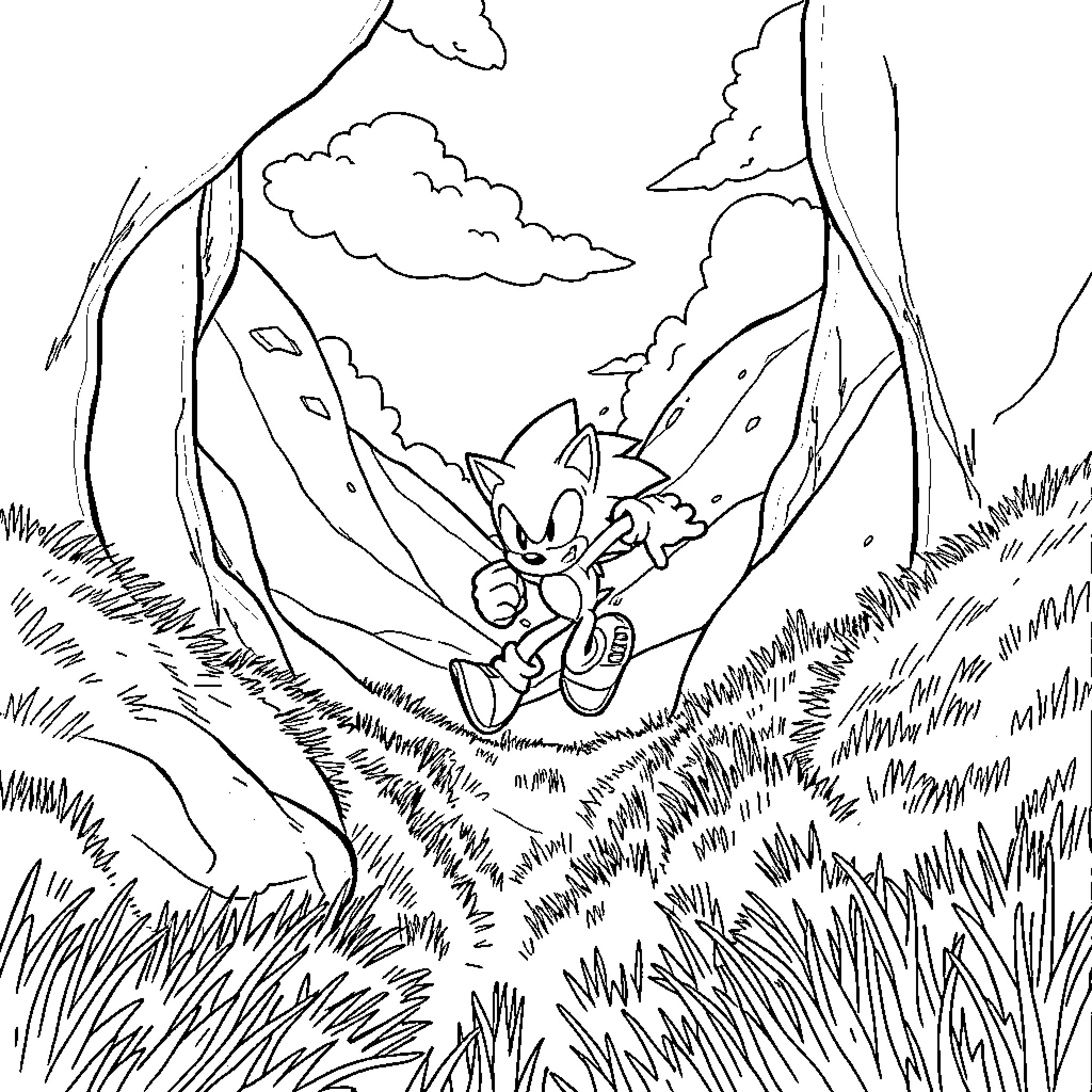 Sonic speeding through the enchanting forest Coloring Page (free black-and-white line drawing printable PDF for all, from beginners to advanced learners, including children, teens, adults, and seniors)